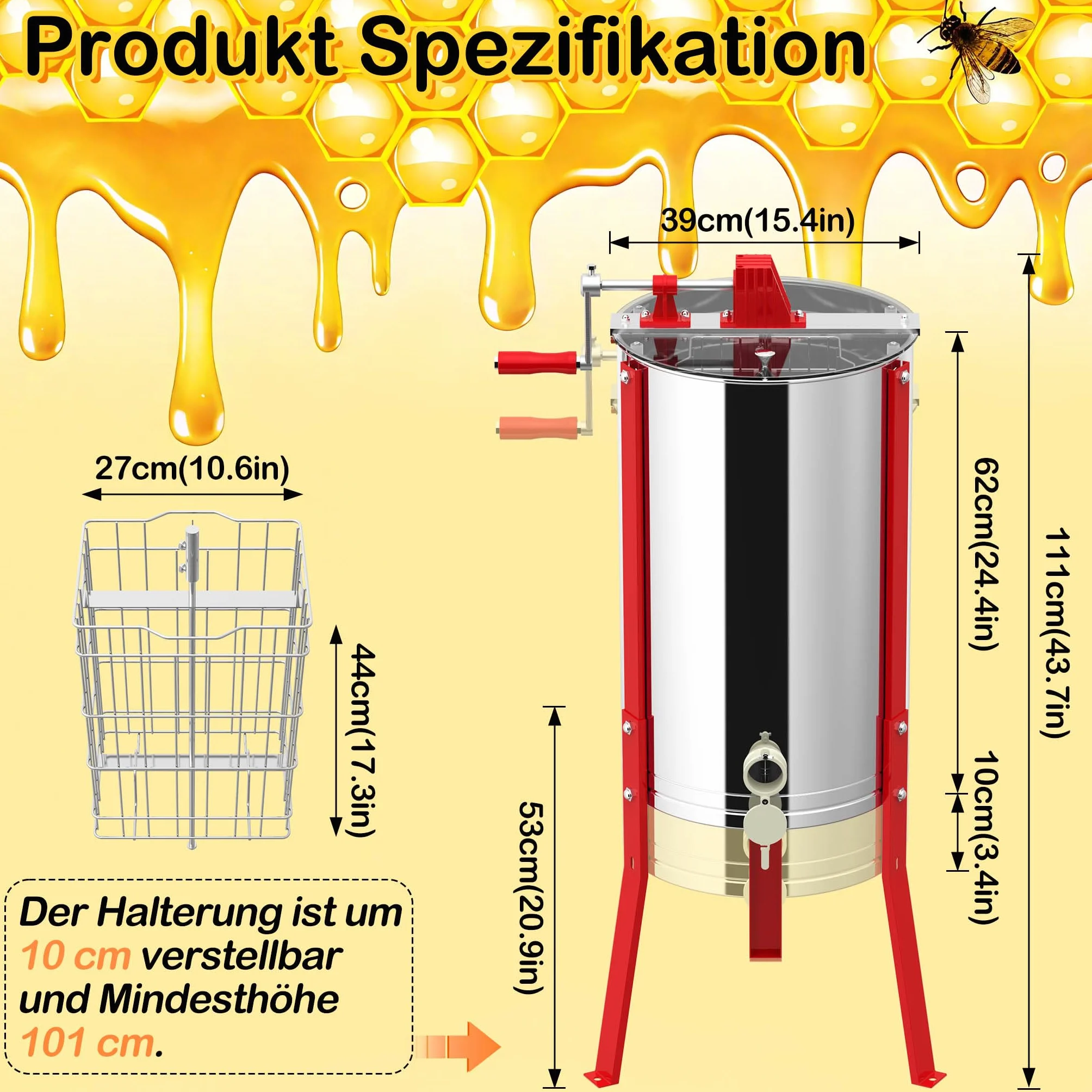 XMTECH Extractor de miel manual con 2 panales de abeja de acero inoxidable, extractor de miel tangencial con tapa de visión y ajuste de altura, tirachinas para aficiones y profesionales, salida de
