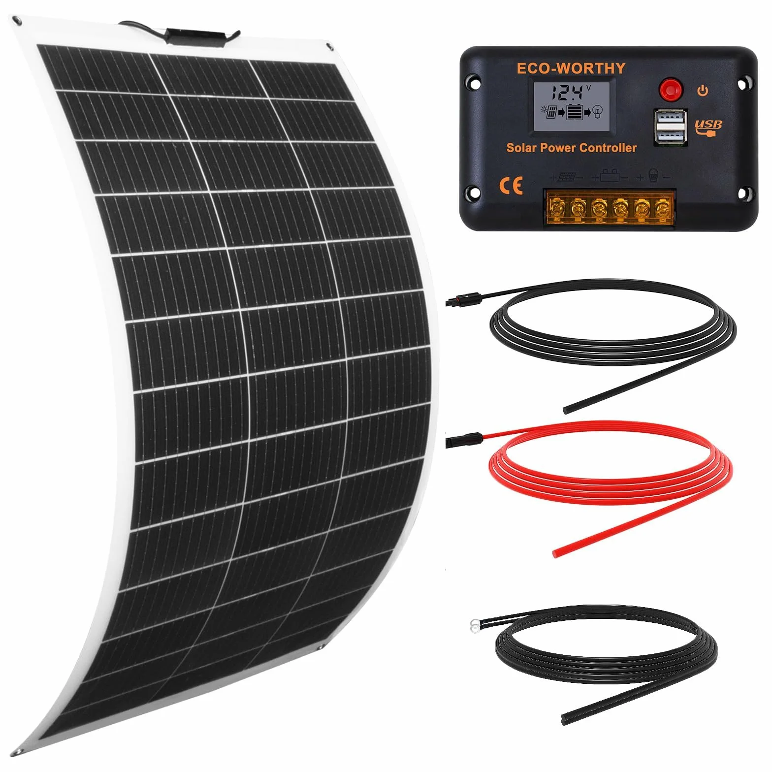 ECO-WORTHY Kit de panel solar flexible de 130 W12 V, independiente de la red: panel solar de 130 W + pantalla LCD de 30 A, regulador de carga PWM + cable solar de 5 m para caravanas, autocaravanas,