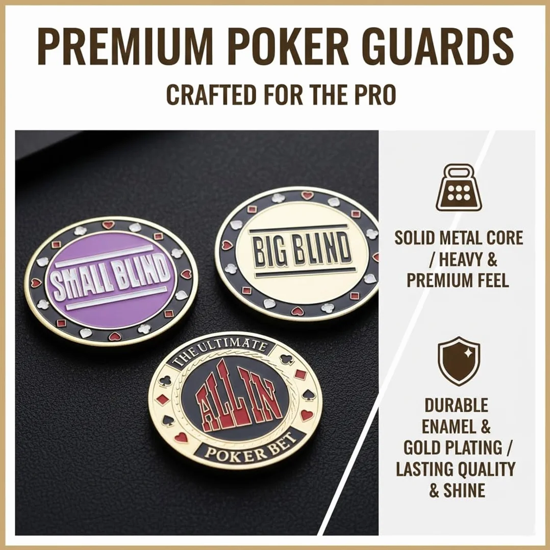 Set de Botones de Póker 3 Piezas en Estuche, Monedas de Metal, All-in, Small Blind, Big Blind