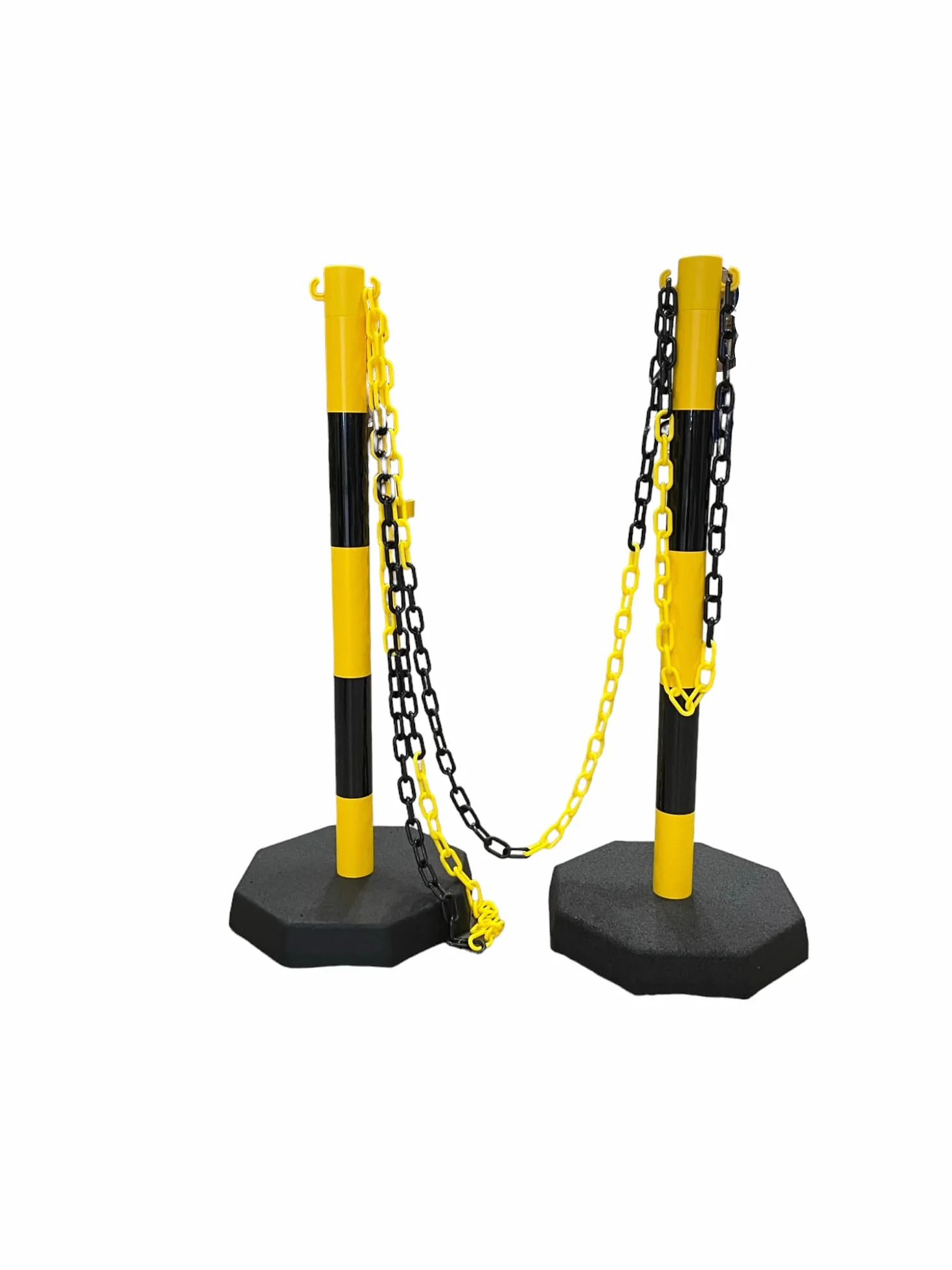 Set de postes y cadena de barrera -Resistente-, 2 postes de plástico incl. 5 m de cadena (Negro/Amarillo)
