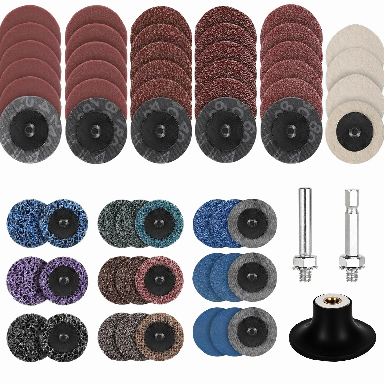 Juego de 65 discos de lijado, accesorio de lijado de 2 pulgadas para amoladora angular con vástago de 1/4 pulgadas, para taladros y lijadoras, para óxido de superficie, lijado, pulido