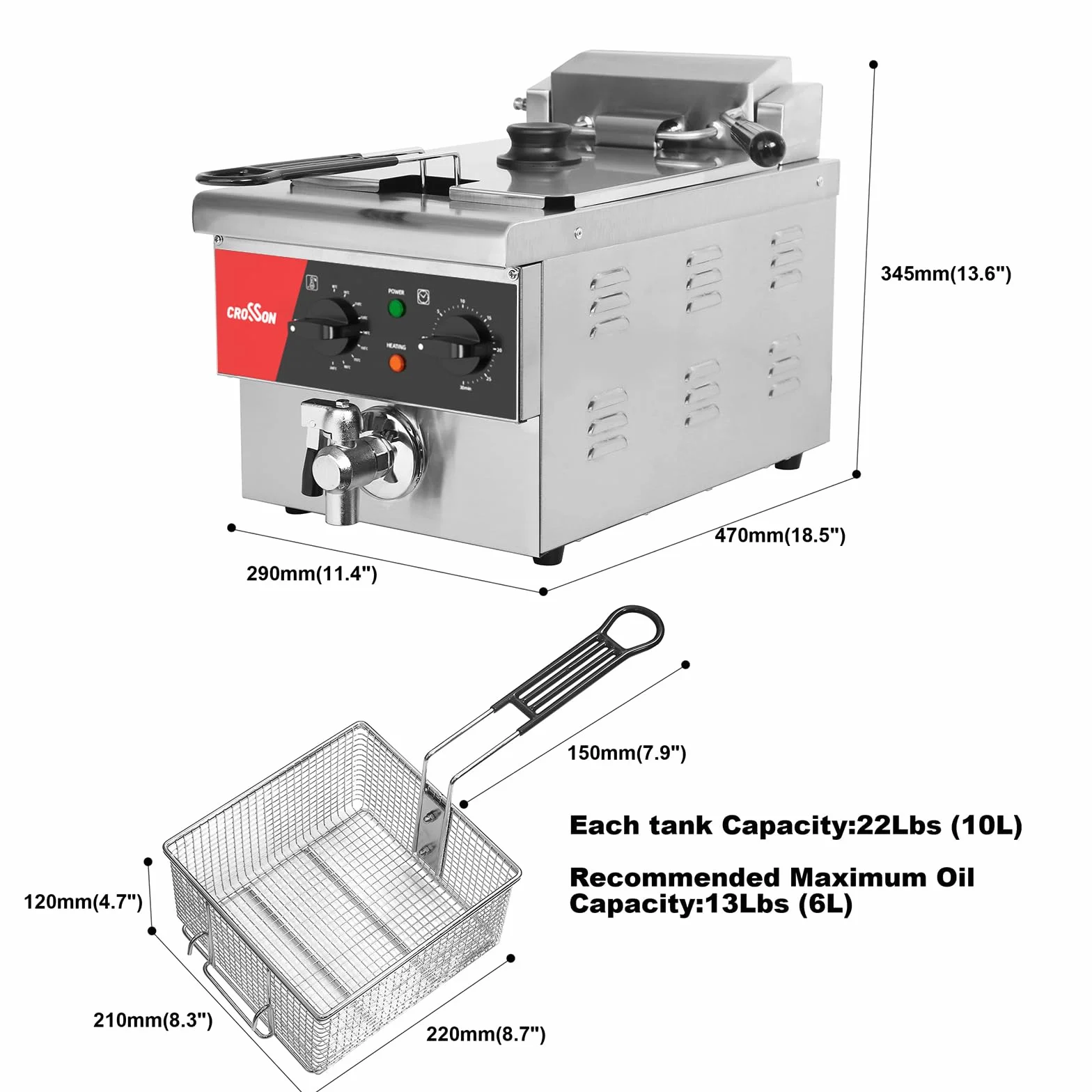 Freidora de mostrador eléctrica CROSSON 6L extra grande con drenaje, temporizador, cesta y tapa para uso en restaurantes Freidoras comerciales de 230 V, 3000 W (6 V EU)
