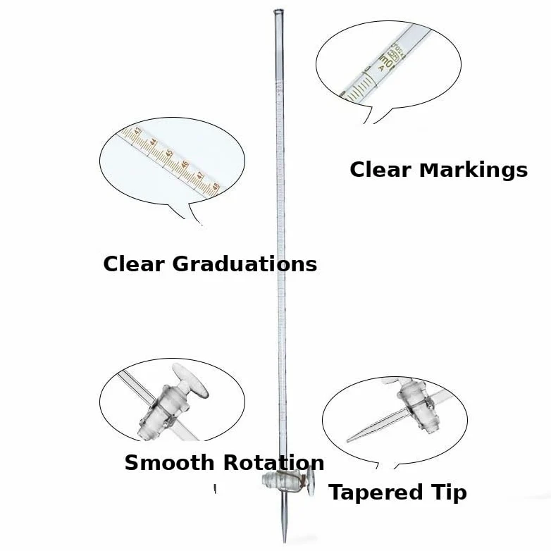 Bureta de Vidrio Profesional Clase A - Bureta Micro Borosilicato 10-100ml para Titulación de Laboratorio con Llave PTFE Universal(50ml Transparent PTFE)