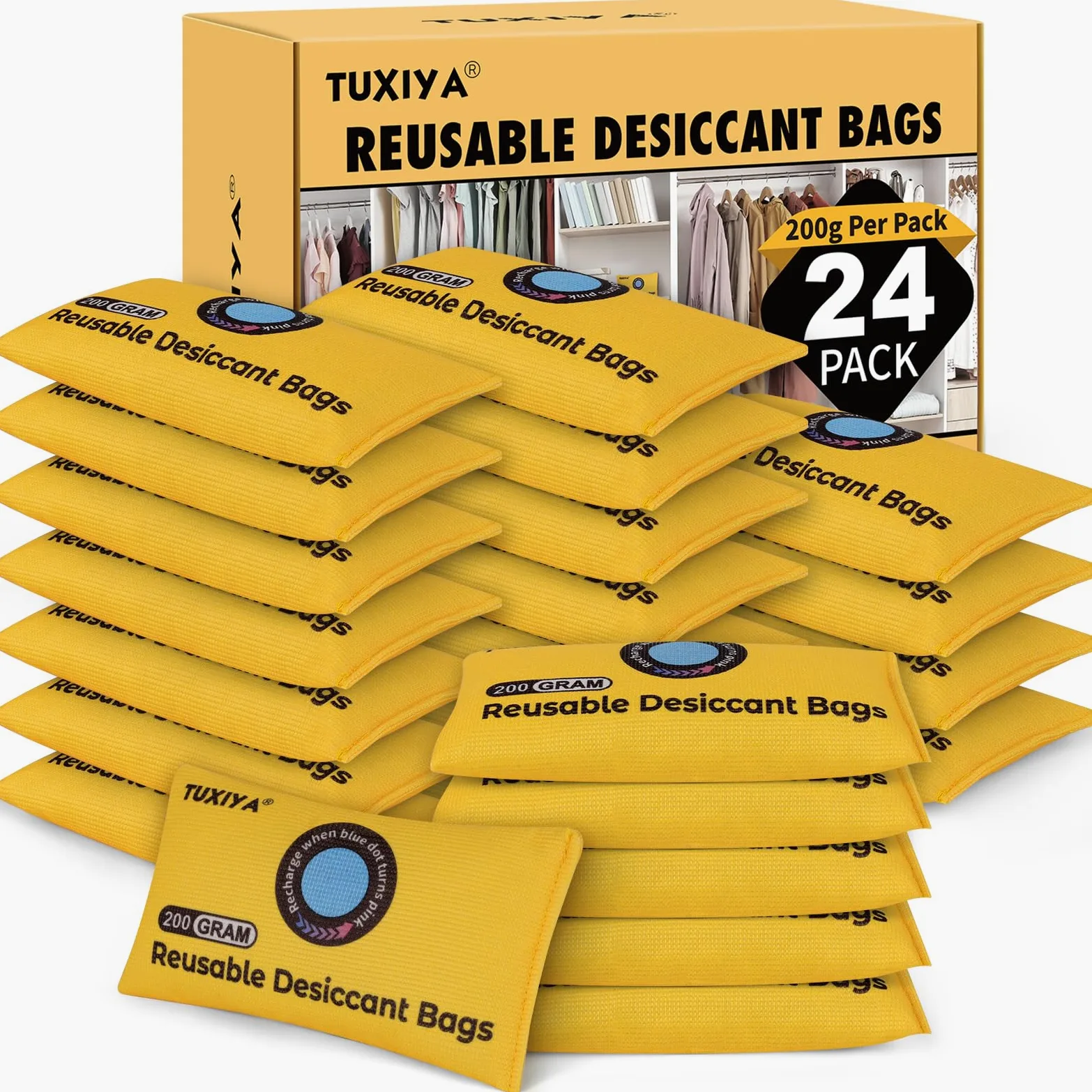 TUXIYA Paquete de 24 paquetes desecantes recargables de gel de sílice (200 g cada uno), paquetes desecantes indicadores de color para almacenamiento, absorbentes de humedad para contenedores de