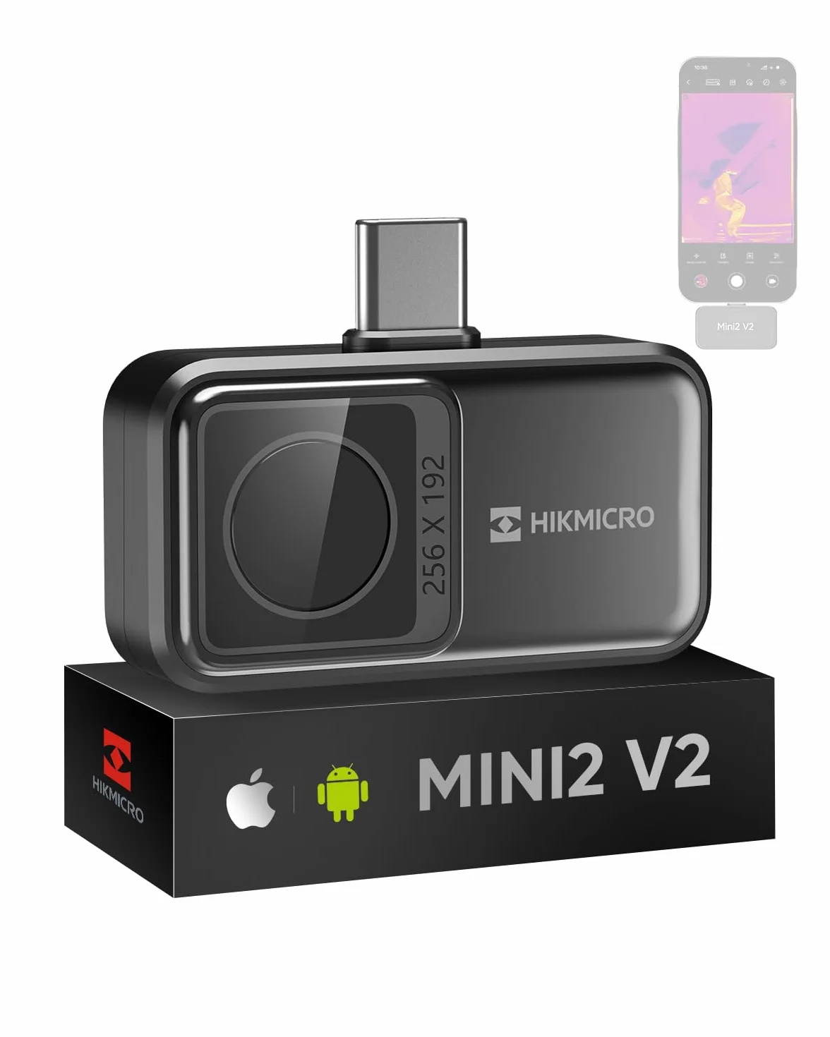 Cámara térmica HIKMICRO Mini2 V2 para Android/iOS, resolución IR 256×192, cámara de imagen térmica, SuperIR 512×384, compatible con iPhone 15/16/17, 25Hz, puerto USB-C/Lightning(Sin accesorios)