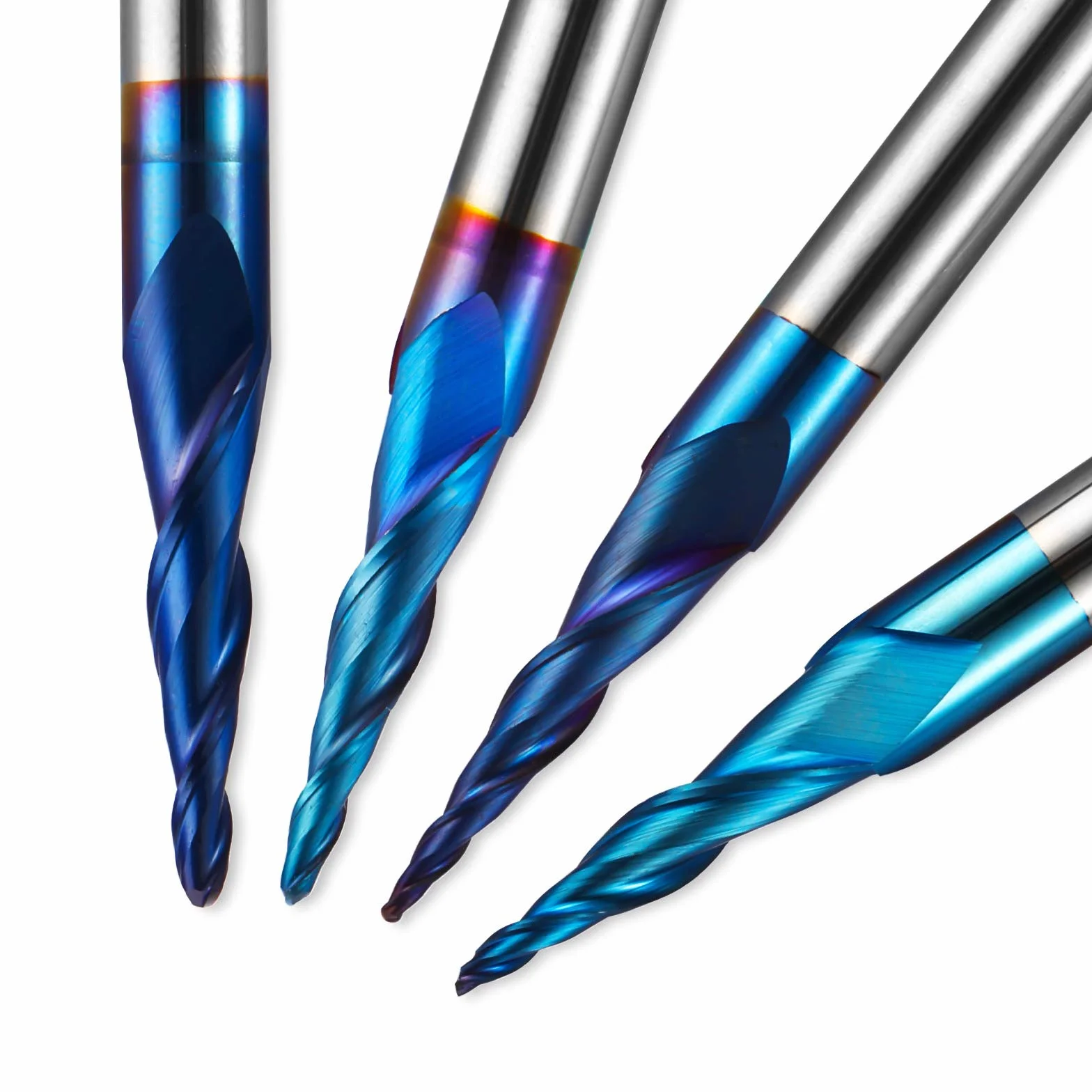 Genmitsu 4 piezas de 2 canales CNC de nariz de bola cónica en espiral, revestimiento nano azul, grabado 2D y 3D, brocas de carpintería, R0.25-1.0, vástago de 1/4 de pulgada, TB04B