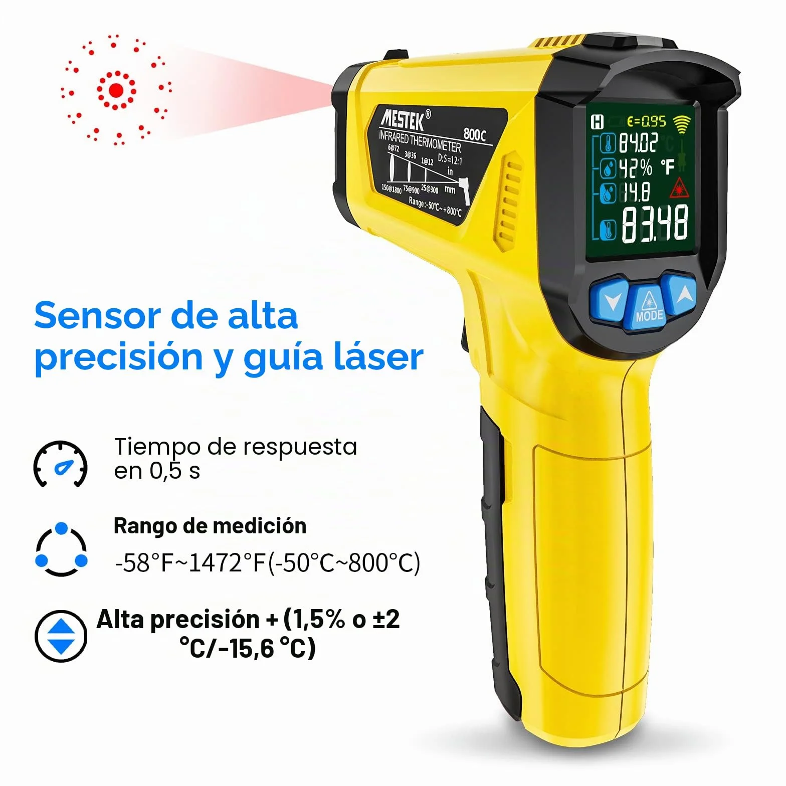 Termómetro Infrarrojo MESTEK -50°C~800°C Pistola Temperatura Laser Sin Contacto Pantalla LCD Color Ajuste Emisividad