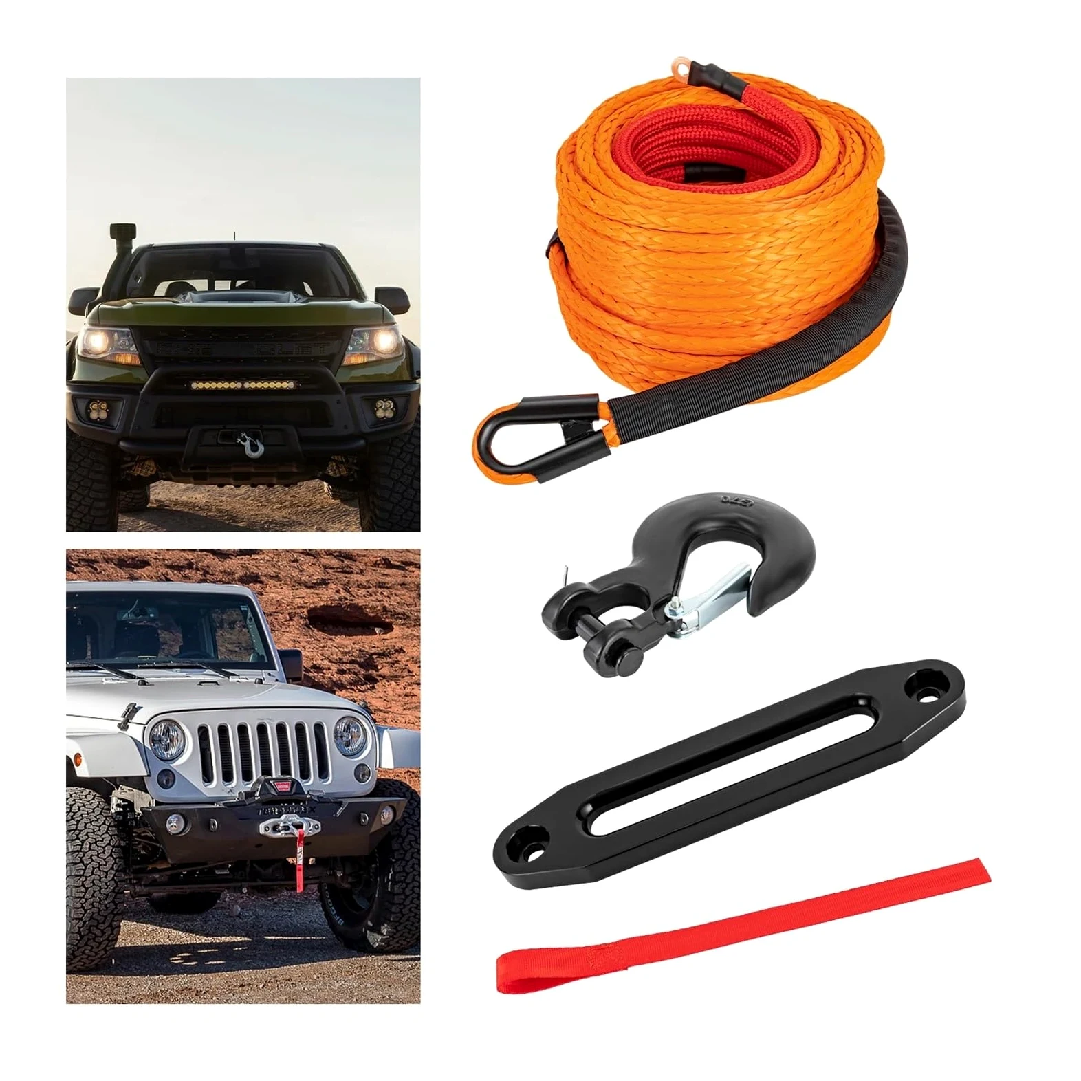 Cabrestante Manual, Cable de cabrestante sintético de 28 m (23809 lb) con gancho y guías for vehículos todoterreno 4x4, ATV, UTV y SUV (naranja)