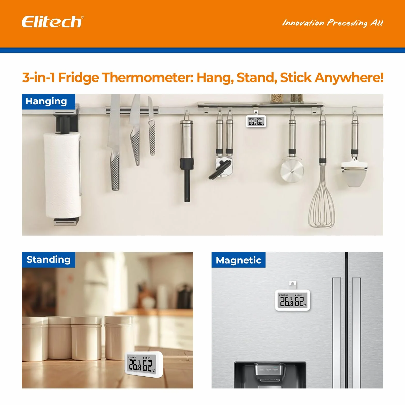 Elitech TM-2 Termómetro para frigorífico control temperatura humedad fijación magnética gancho