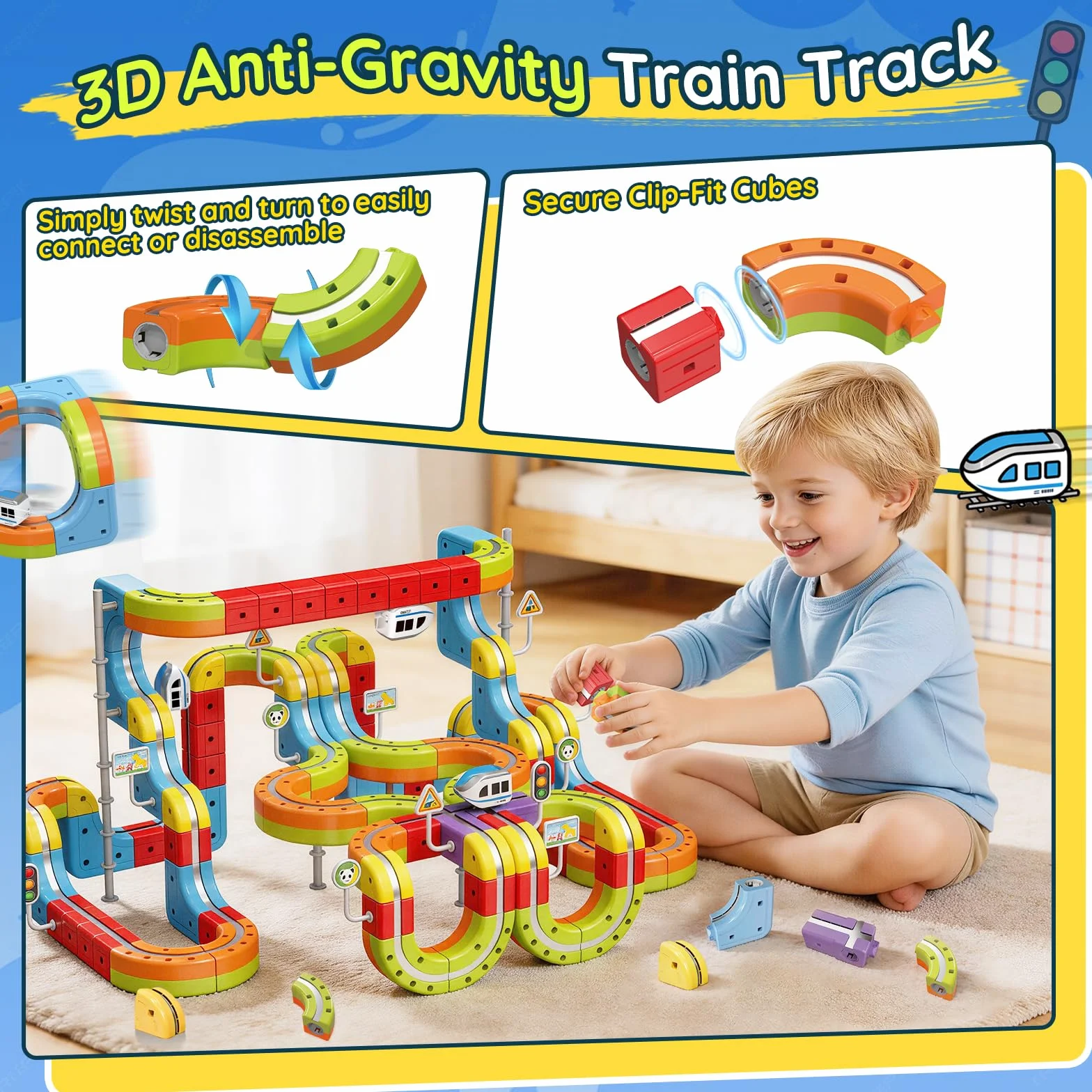 Tren Eléctrico Juguete 141 Piezas, Kit de Vías de Cubos 3D DIY, Juego de Construcción Regalo para Niños 3-12 Años