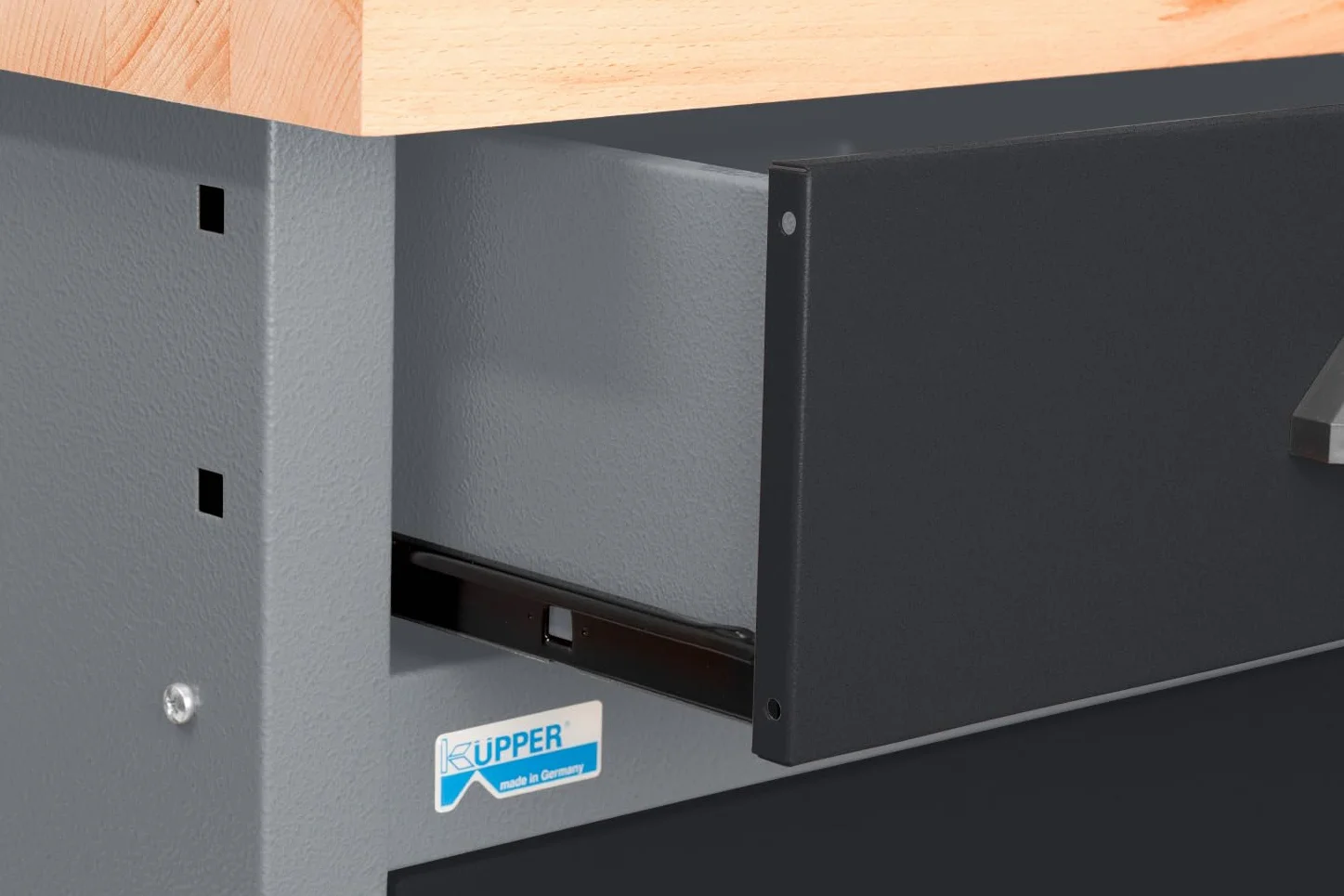 Küpper Banco de trabajo 12049, 5 cajones, 1 puerta, carga de 300 kg, encimera de haya maciza de 30 mm (negro, 120 x 84 x 60 cm)