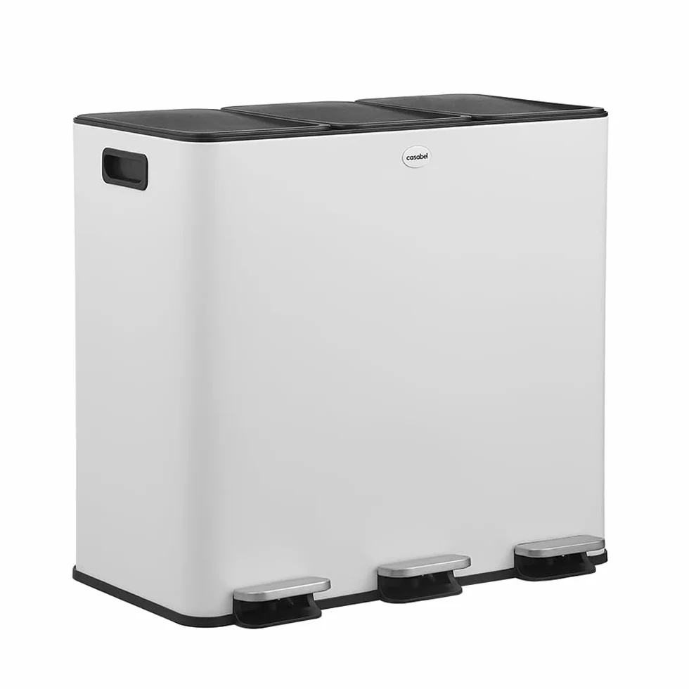 CASABEL Cubos de Basura de Reciclaje 60 L, Sistema de Basura Reciclaje 3 x 20 L Acero Inoxidable, Cubo con Pedal, Antihuellas y Antiolores, blanco