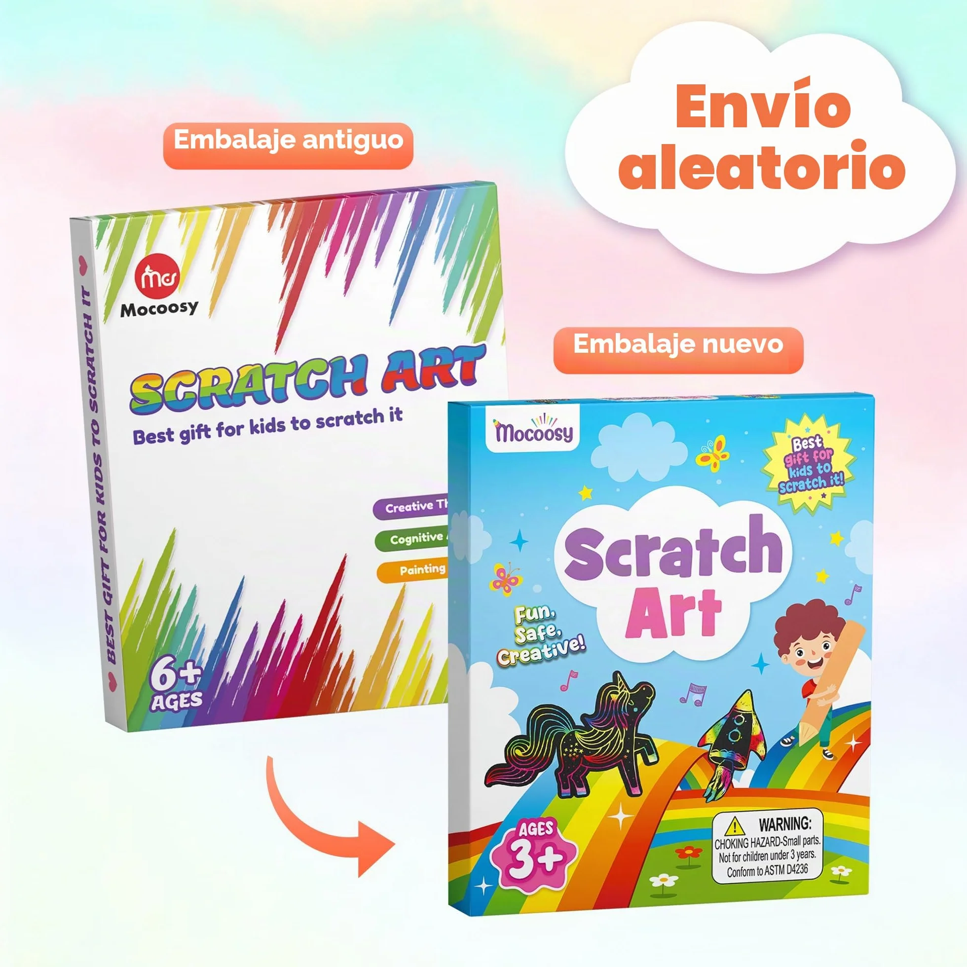 Mocoosy Juego de 60 piezas Papel Artístico para Rascar para Niños - Arcoíris Scratch Art Kit con 4 Plantillas 5 Lápices