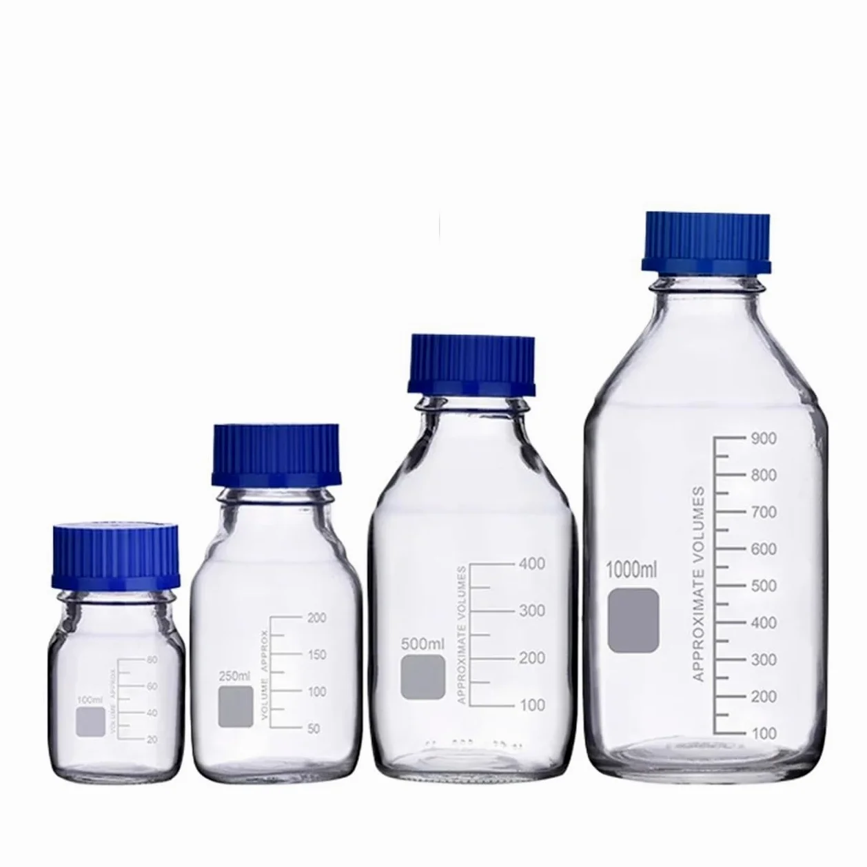 Botella de reactivo de vidrio de borosilicato de laboratorio transparente de 100ml 250ml 500ml 1000ml con tapa azul de tornillo