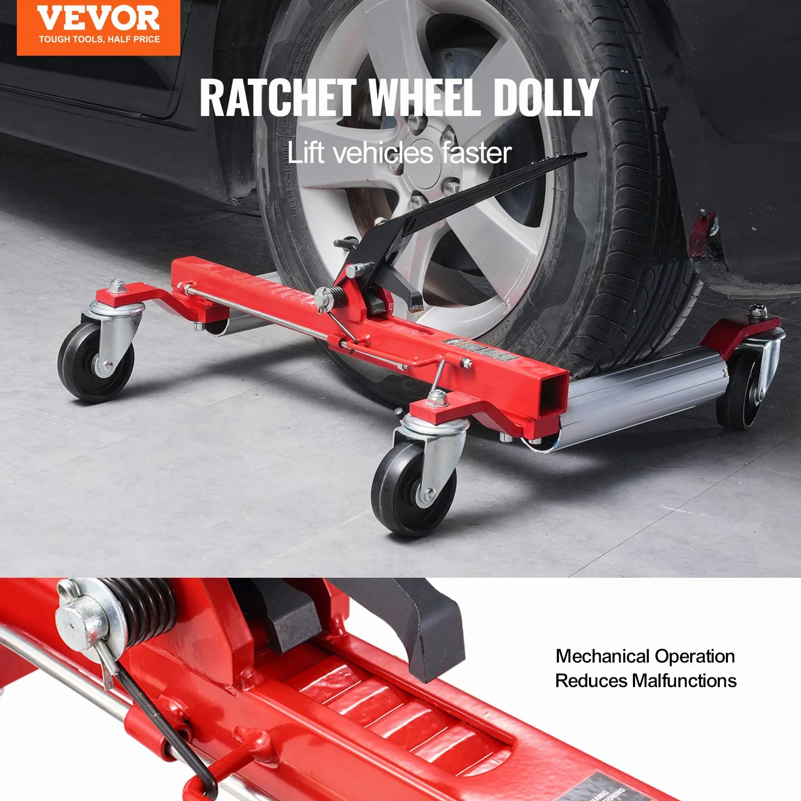 VEVOR Camión de Manipulación de Vehículos Mueve Neumáticos 355,6 mm Carga de 680 kg Pie de Carraca con 4 Ruedas de Bloqueo Gato Hidráulico para Posicionamiento de Vehículos Reparación de Coches