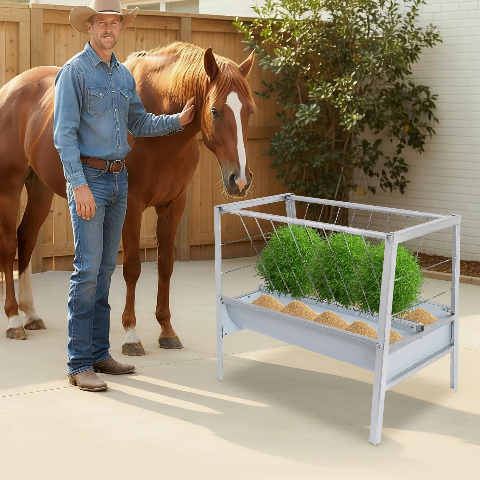Comedero grande 2 en 1 de acero resistente para heno y cereales con más profundo y independiente, comedero para caballos, cabras, ovejas y ganado, 100 x 66 x 85 cm