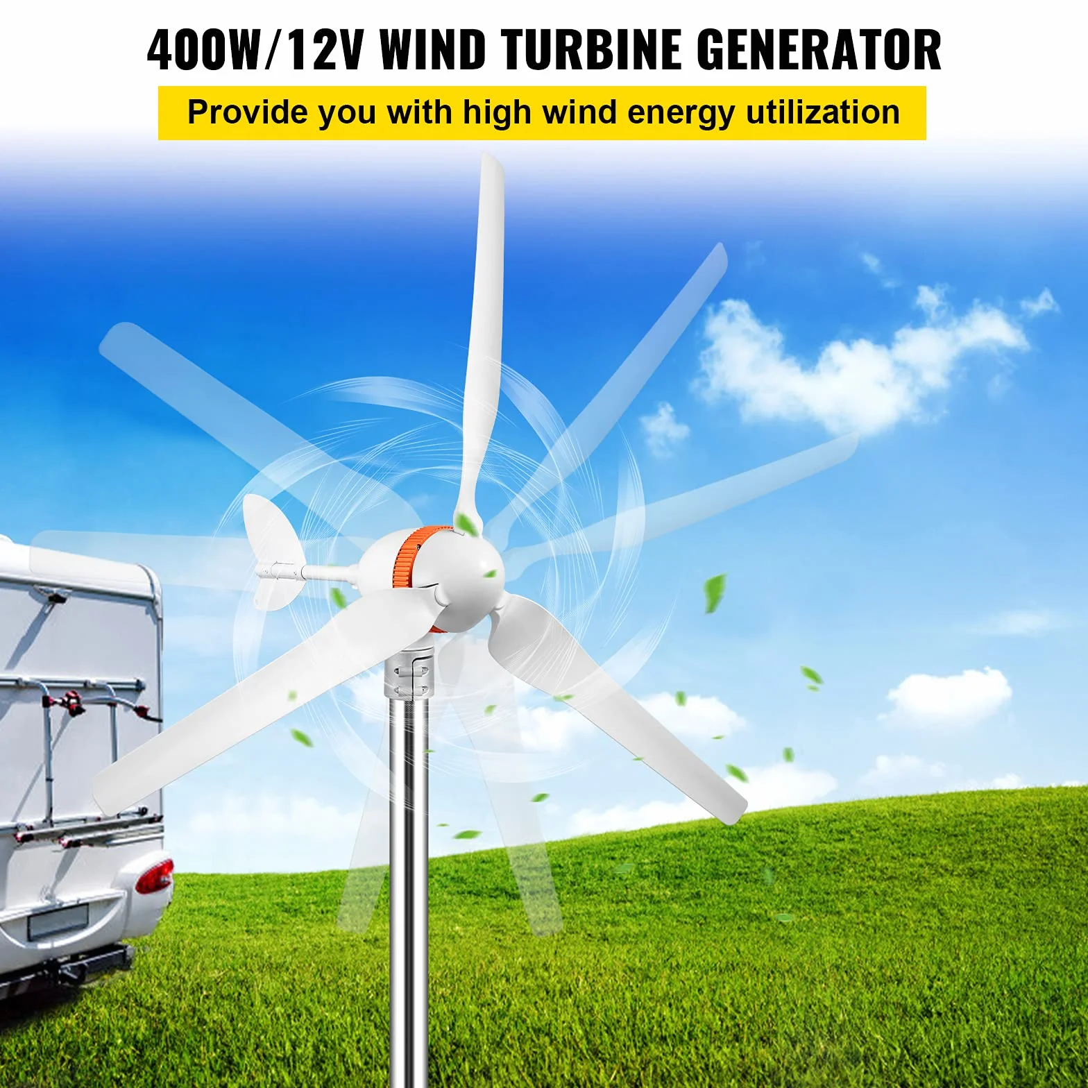 VEVOR Generador de Turbina Eólica 12 V 400 W Aerogenerador Horizontal 3 Cuchillas Velocidad Nominal 13 m/s Kit de Turbina Eólica Resistente y Durable con Controlador de Carga, Chalets, Blanco