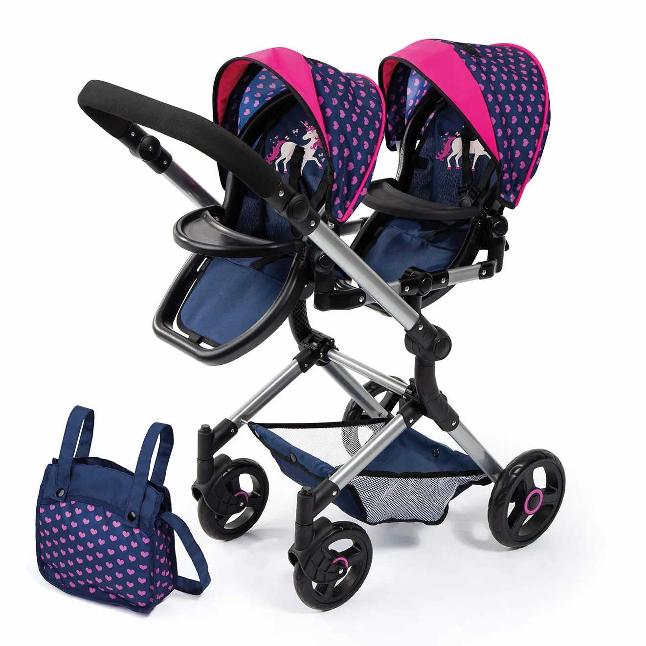 Bayer Design Cochecito de Muñeca Gemelas, Carrito Paseo Ajustable en Altura, Plegable, Azul Unicornio Corazones