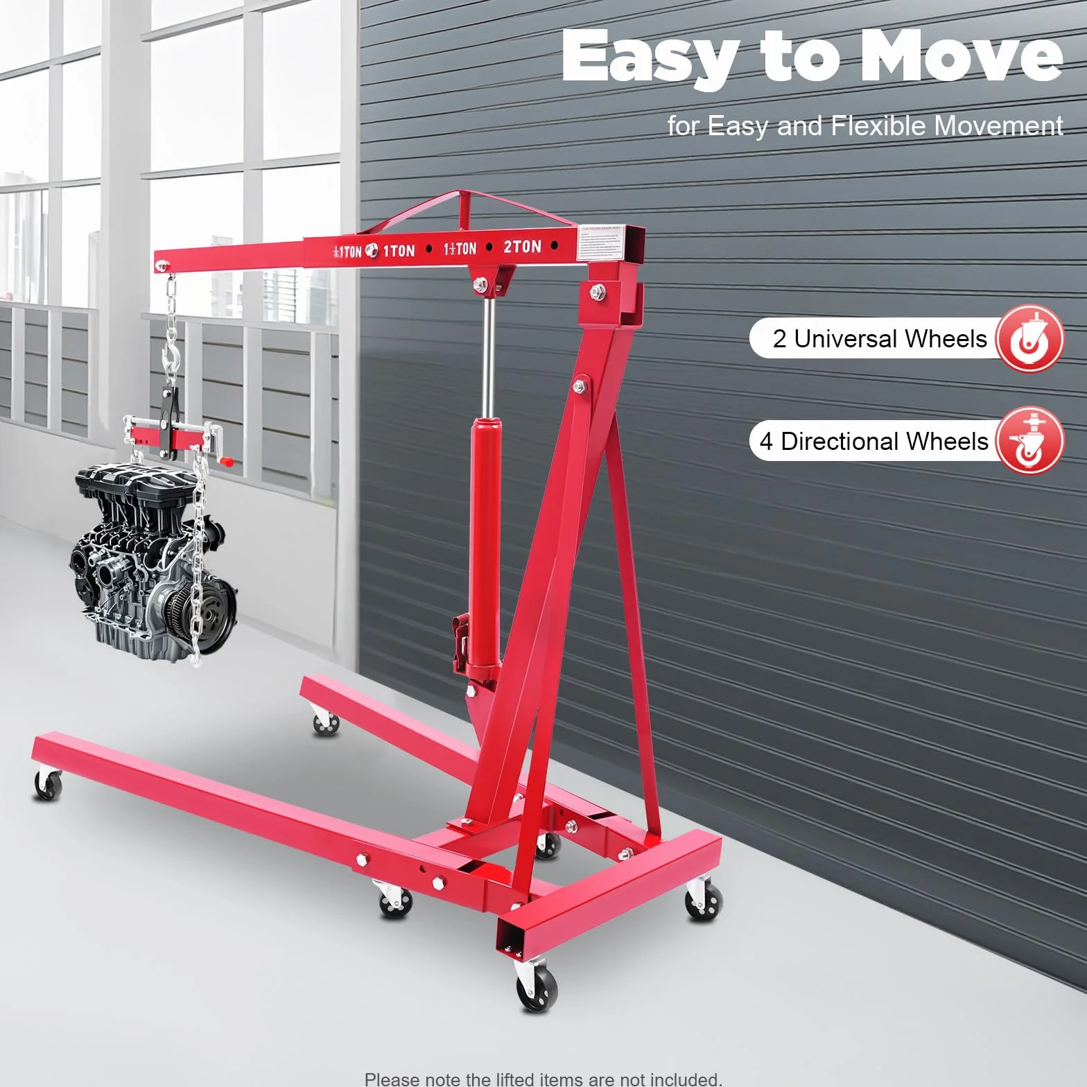 Grúa Hidráulica Plegable 2 T con Nivelador de Motor, Elevador Taller Mecánico 4 Posiciones Ajustables Ruedas para Coches Motores Transmisiones
