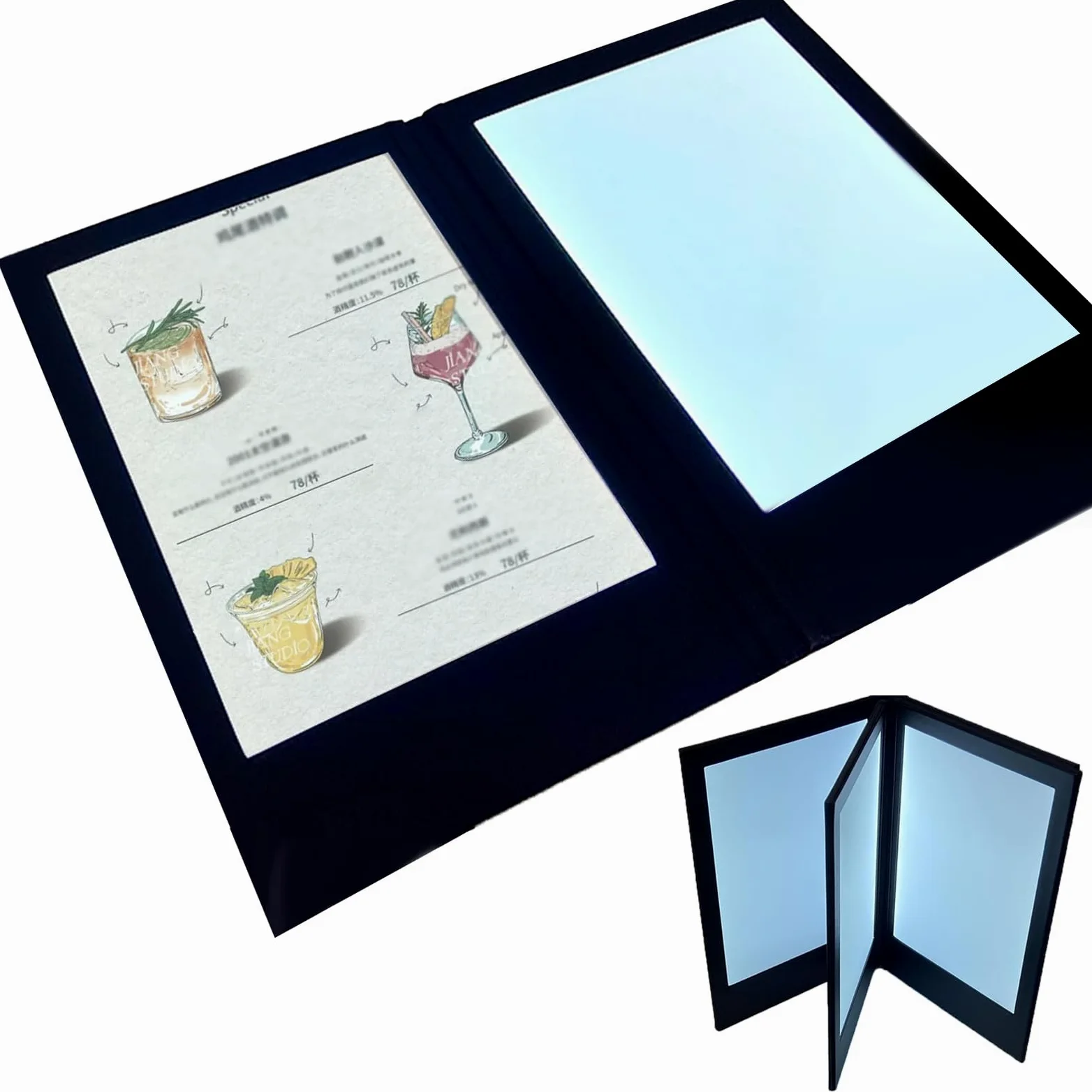 Soporte de cubierta de menú recargable, menú iluminado personalizable, soporte de menú iluminado retroiluminado, cubierta plegable de doble panel para clubes de hotel, restaurantes, bares y cenas