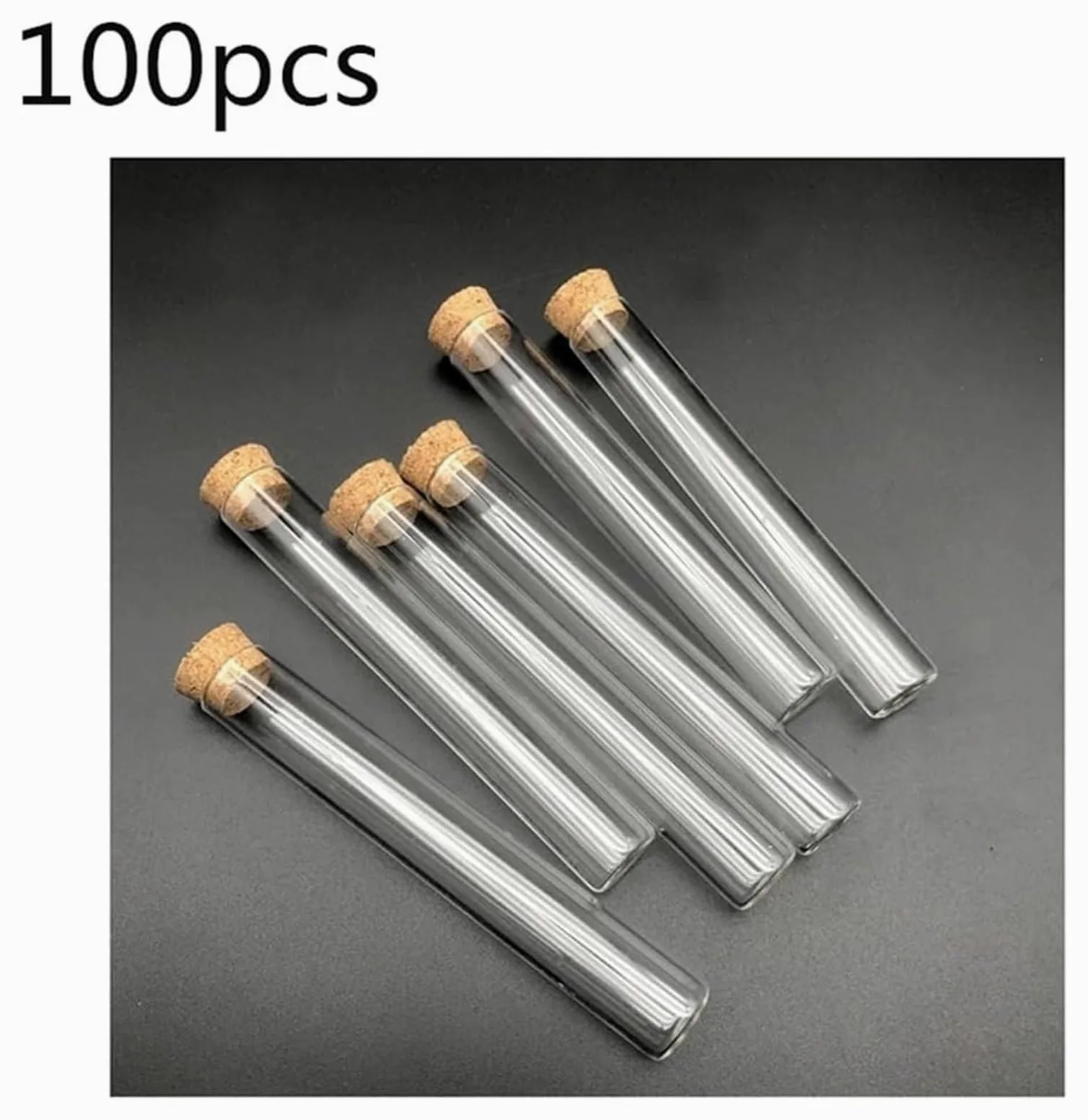 Tubos de ensayo de Vidrio Transparente, Tubo de ensayo Vidrio borosilicato, Tapones Corcho Fondo Plano 15x100mm, Varios tamaños(100pcs)