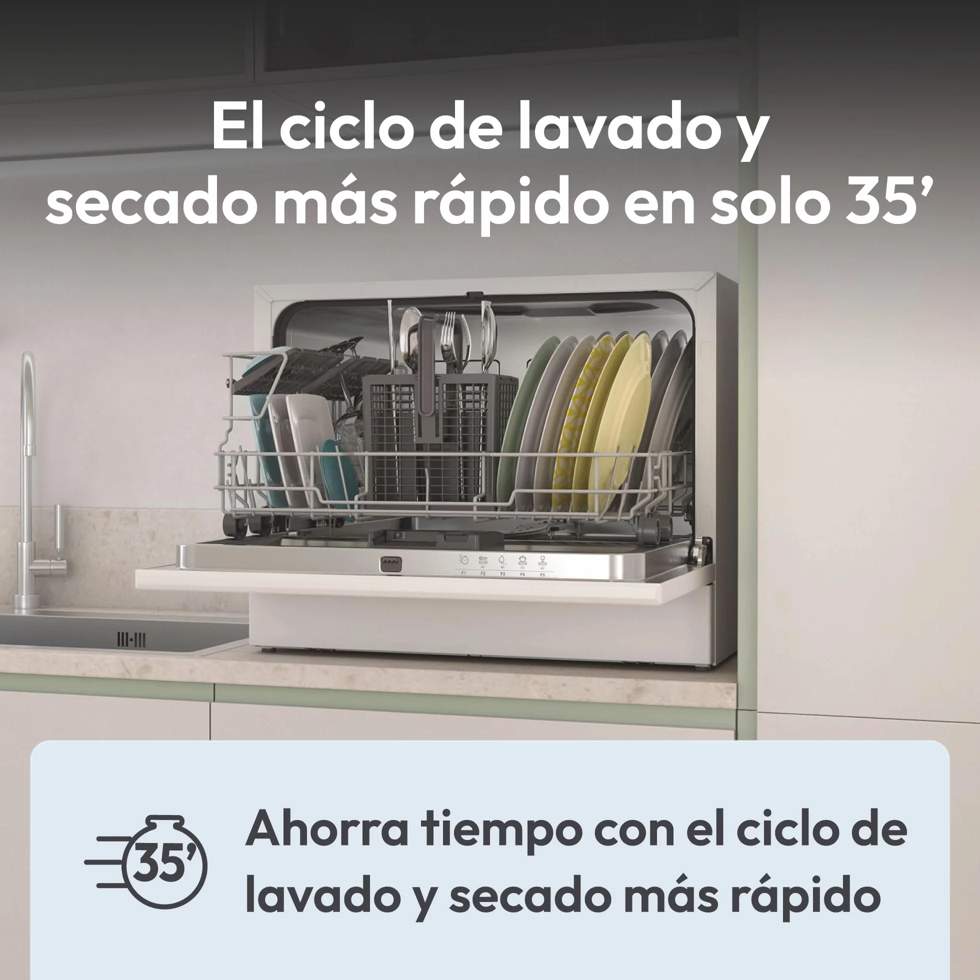 Candy CP 6E51LW Lavavajillas de sobremesa Compacto, 6 Servicios, Digital, 51dBA, 5 Ciclos, Media Carga, Inicio Diferido, Blanco