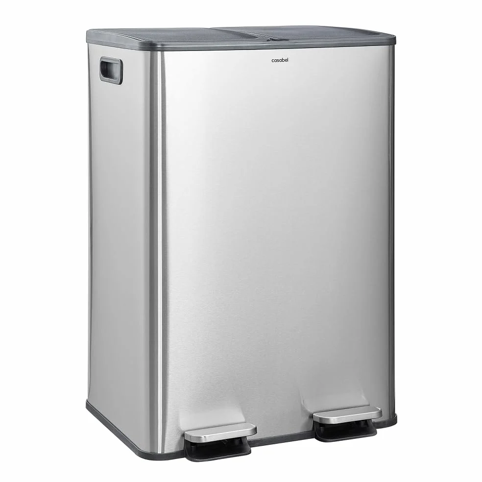 CASABEL Cubo de basura de cocina doble 2x30L en acero inoxidable, cromado | Doble compartimento, Reciclaje selectivo, 2 pedales, Antihuellas, Tapas herméticas, Cubos extraíbles, Fácil mantenimiento