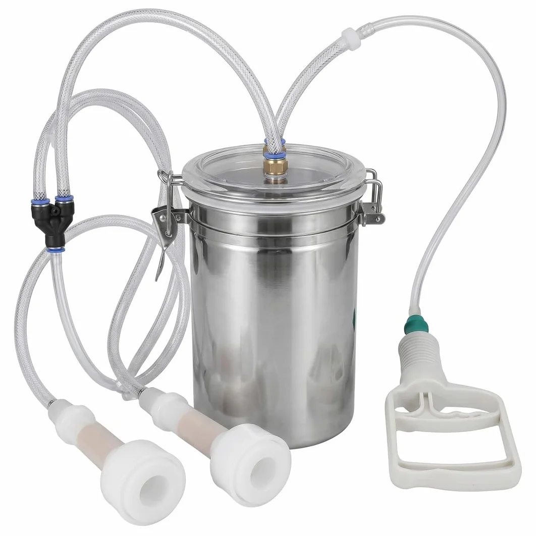 Máquina de ordeño, máquina de ordeño manual para cabras, diseño de doble cabezal, cubo de acero inoxidable de 2 litros, de portátil con bomba manual, para cabras, vacas y