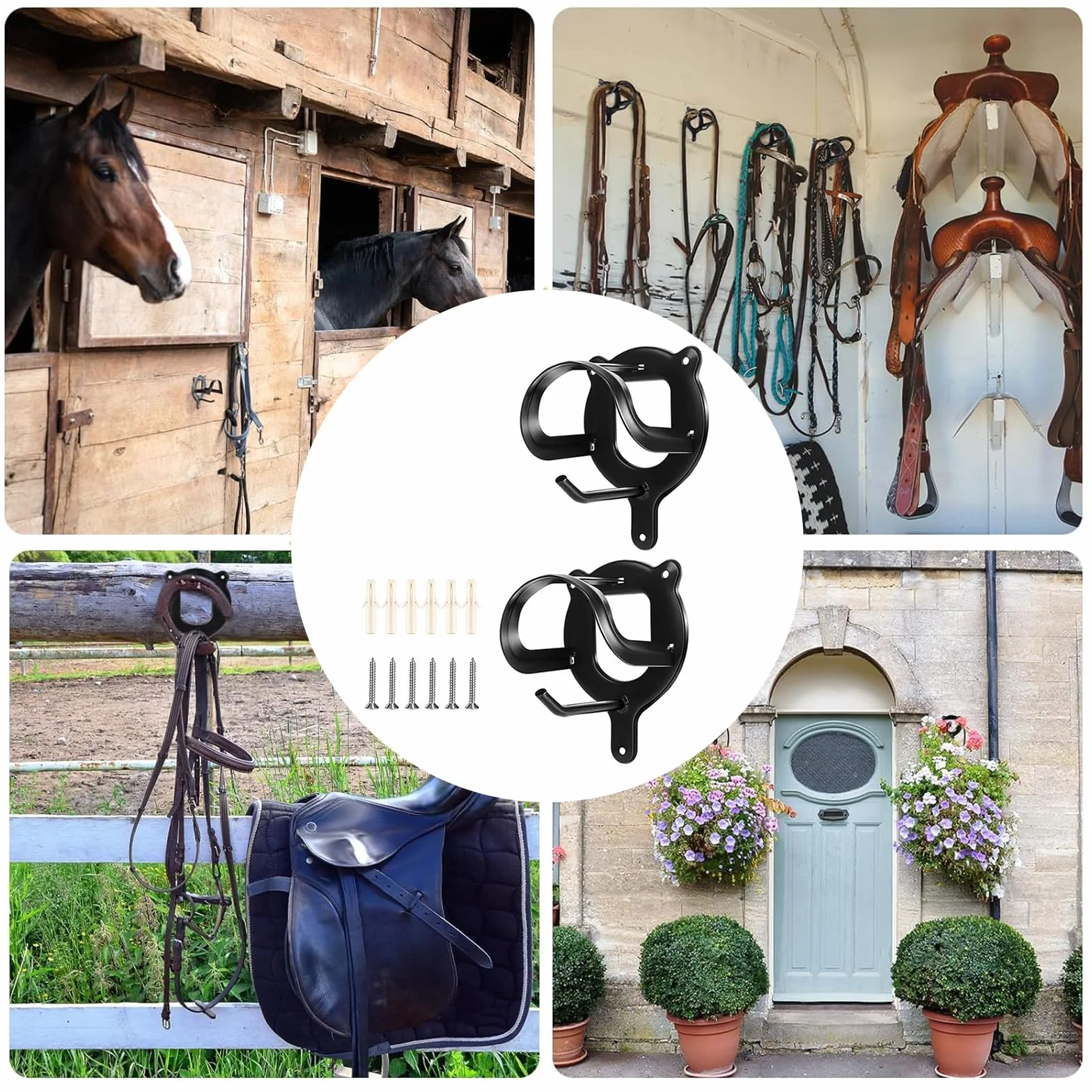 Kiuiom 2 Piezas Ganchos Para Bridas De Caballo,Soporte De Pared Caballo Con Tubos Y Tornillos,Colgador de arneses,Accesorios Riendas