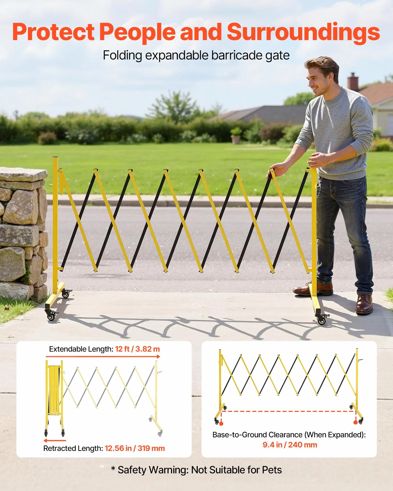 VEVOR Barricada Extensible de 3,82 m, Barrera de Seguridad Plegable con Ruedas y Frenos, Valla Metálica Portátil, Aluminio, para Uso Industrial Construcción Control de Espacios, Color Negro Amarillo