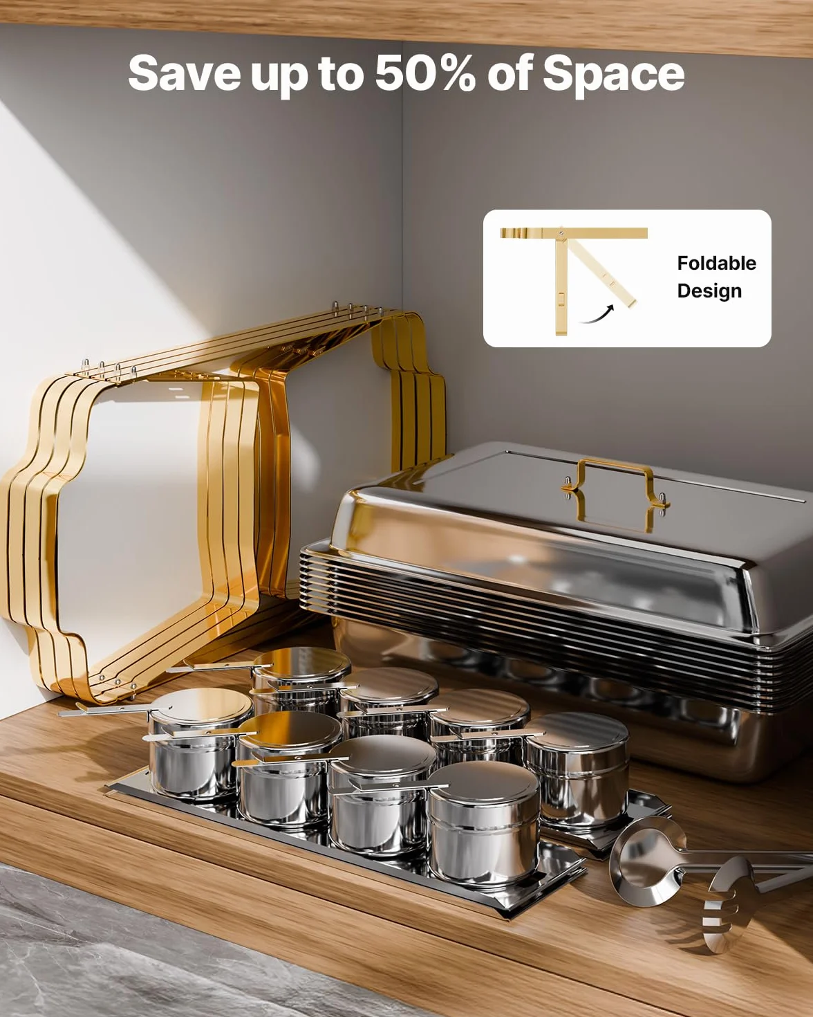 VEVOR Juego de Calentador de Alimentos Acero Inoxidable 2 Cacerolas 7,5L 4 Cacerolas 4L Rectangular Catering Tapa Soporte Dorado