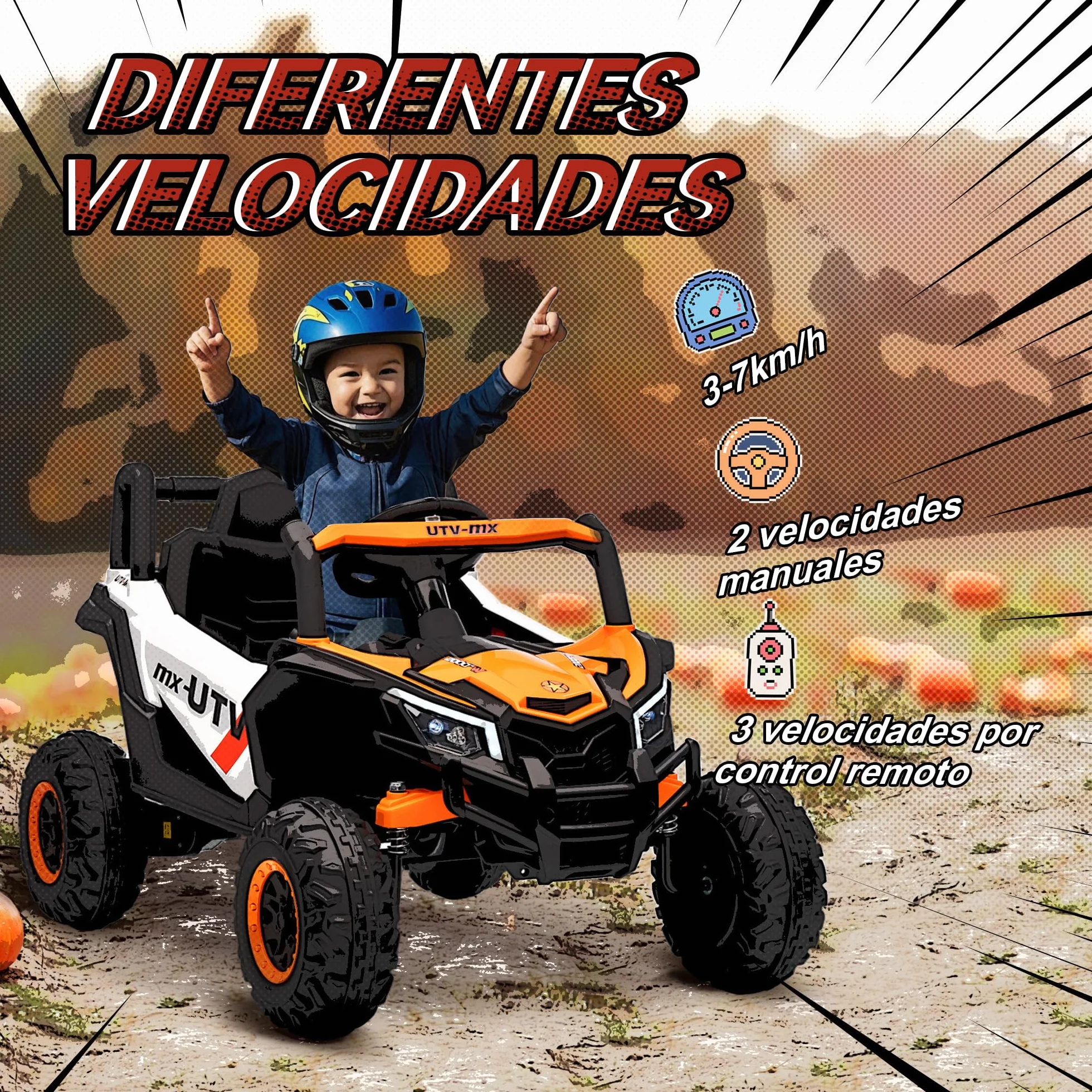 AIYAPLAY Coche Eléctrico 12V UTV 2 Motores Control Remoto 2,4G Velocidad 7 km/h Suspensión Faros USB para Niños +3 Años Naranja