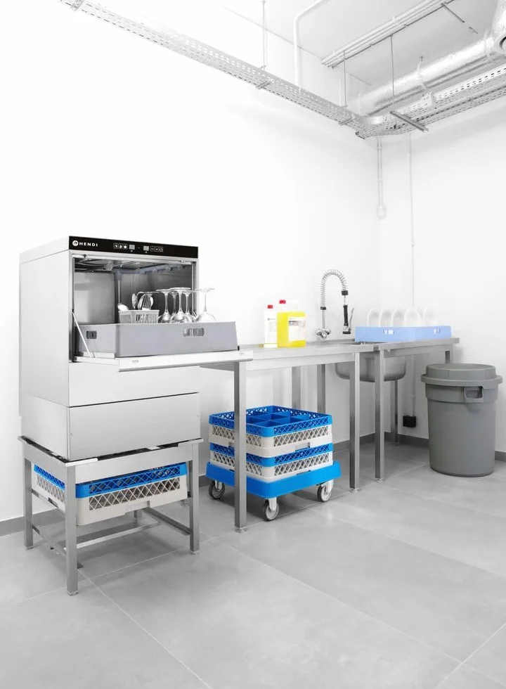 HENDI Lavavajillas industrial, para cestas 50x50cm, con control electrónico, máquina lavaplatos lavavasos lavacopas, 400V, 6600W, 570x600x(H)830mm, acero inoxidable