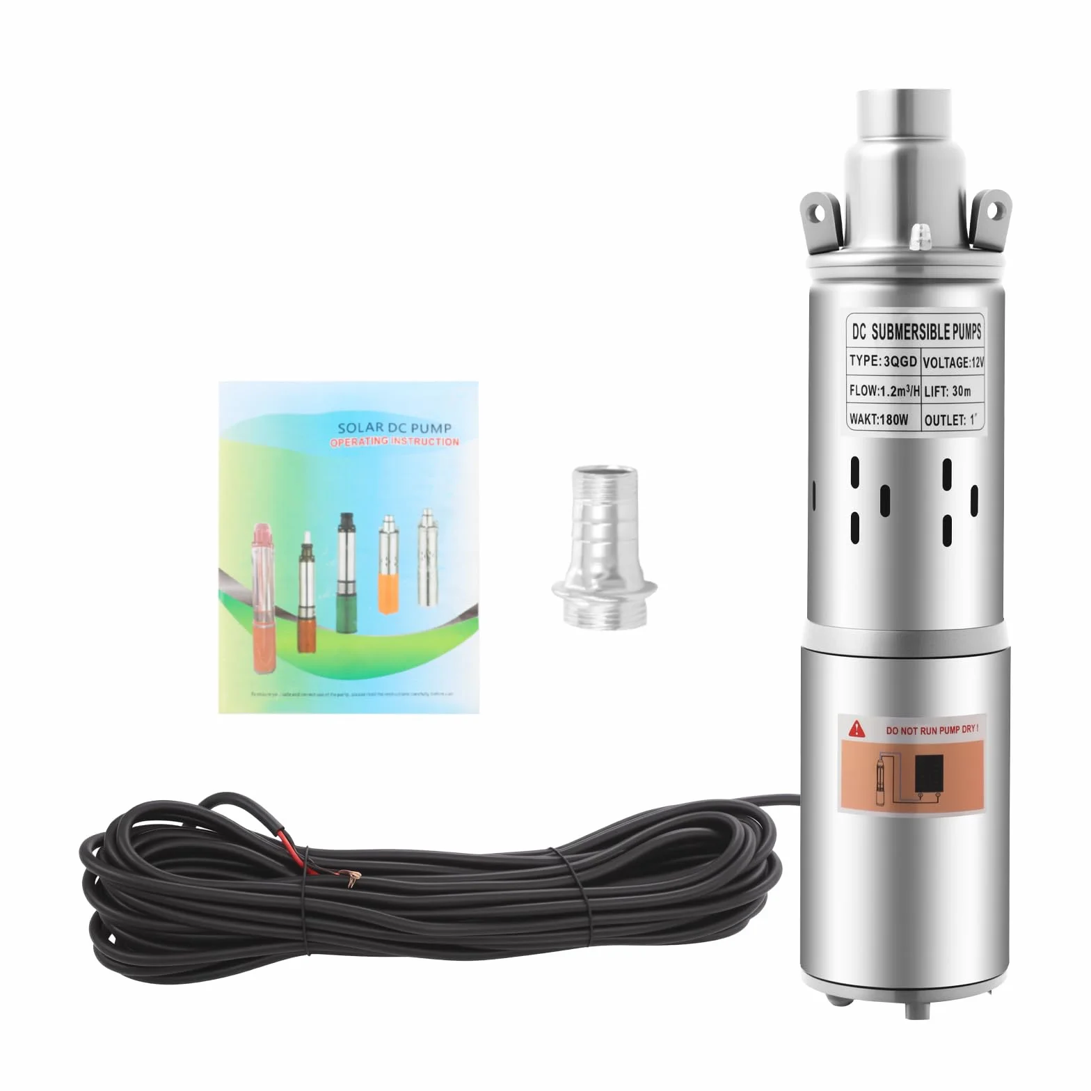 Bomba solar para pozos profundos de 12V 180W, bomba sumergible de 3 pulgadas de acero inoxidable - 2000L/H 30m de altura de elevación, bomba de agua IP68 con MPPT para pozos, riego de jardines