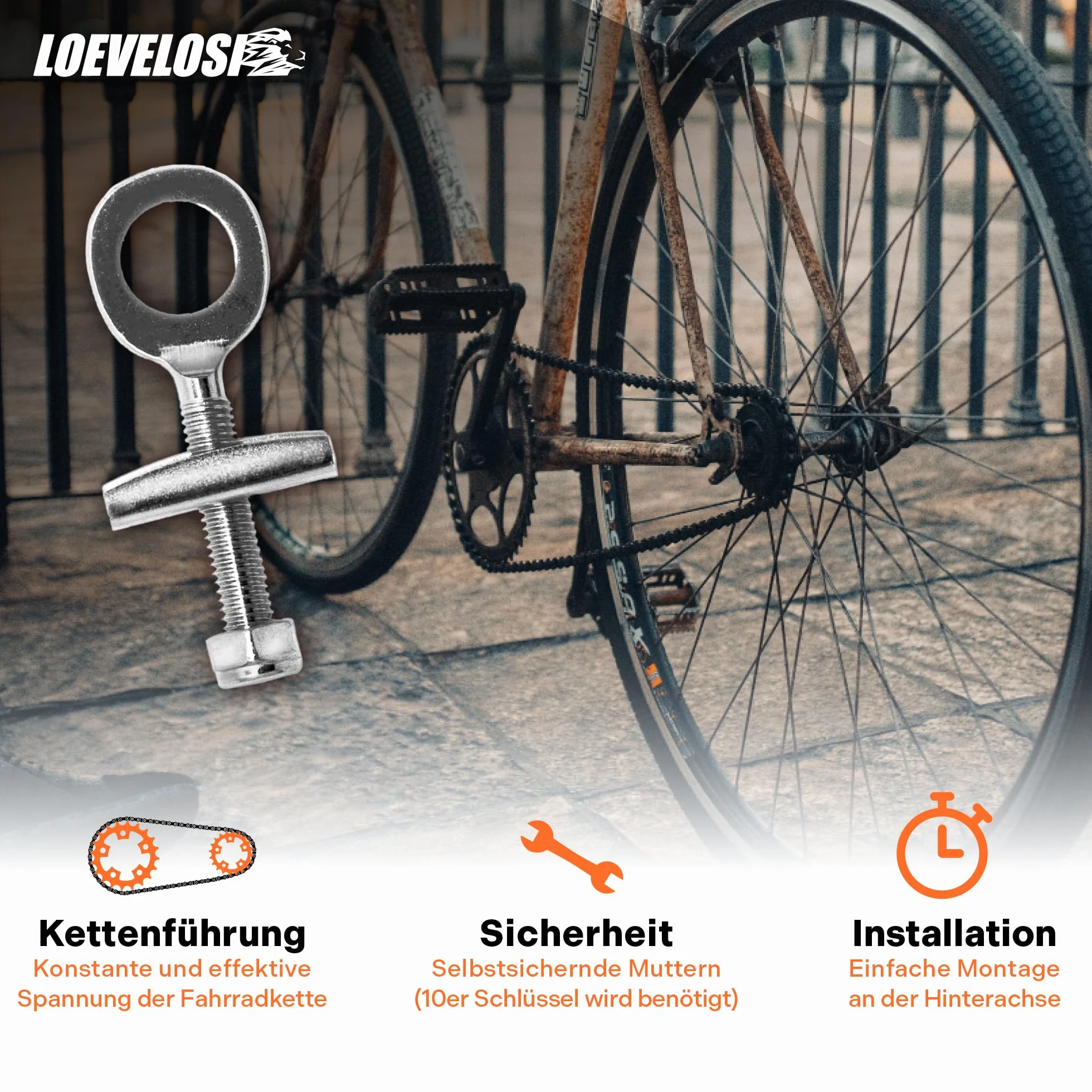 LOEVELOSI Juego de 2 tensores de cadena para bicicleta de acero galvanizado, BMX, velocidad única, rosca 3 cm, eje 12 mm