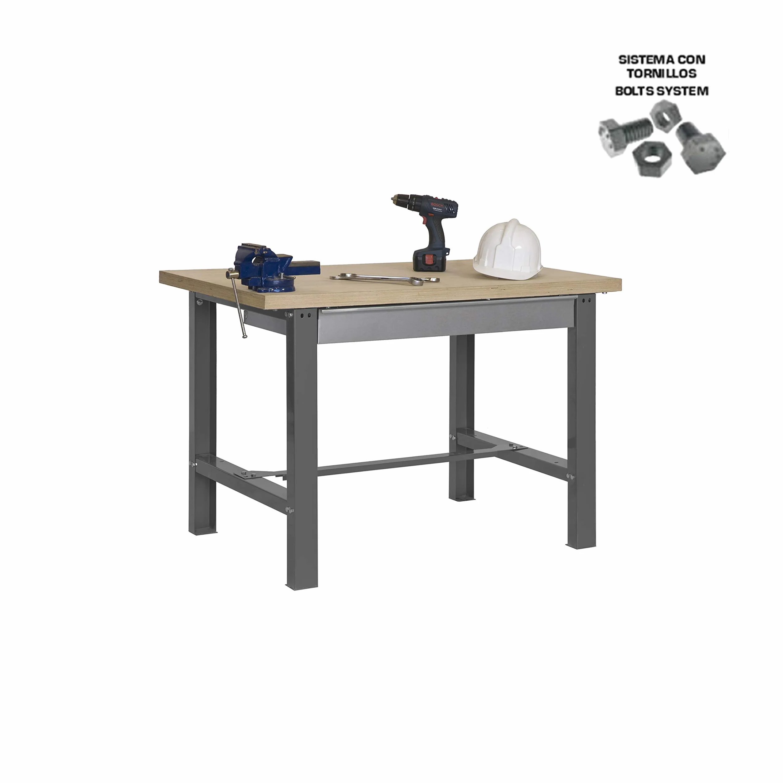 Simon Rack Banco de Trabajo Taller BT6, 600 kg, 865x1200x750 mm, Mesa con Cajón, Gris/Madera MDF