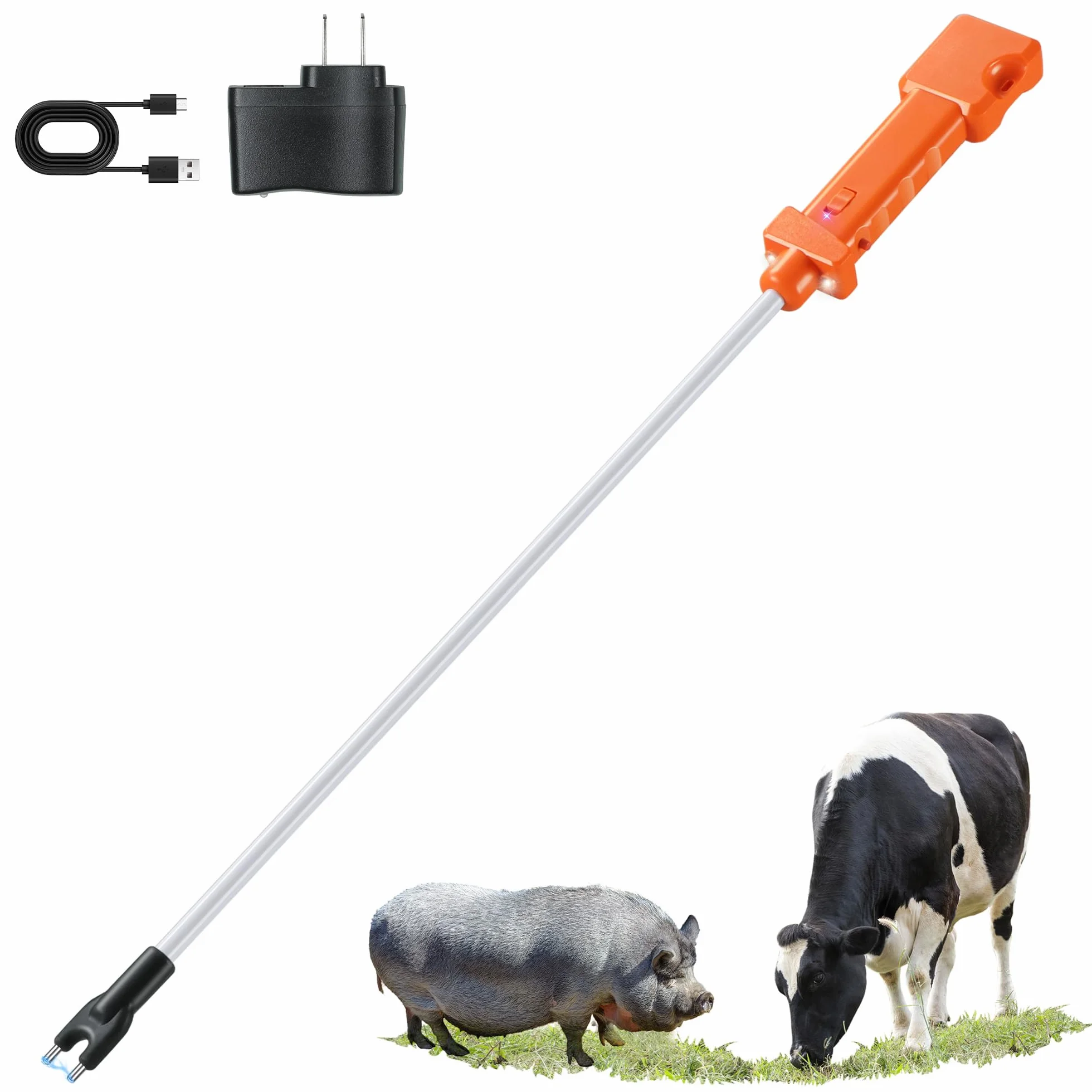 Prod de ganado recargable, impermeable, eléctrico con 2 luces LED, accesorio de animales recargable para pastoreo de rancho de granja y perros grandes grandes, palo de choque de ganado con eje