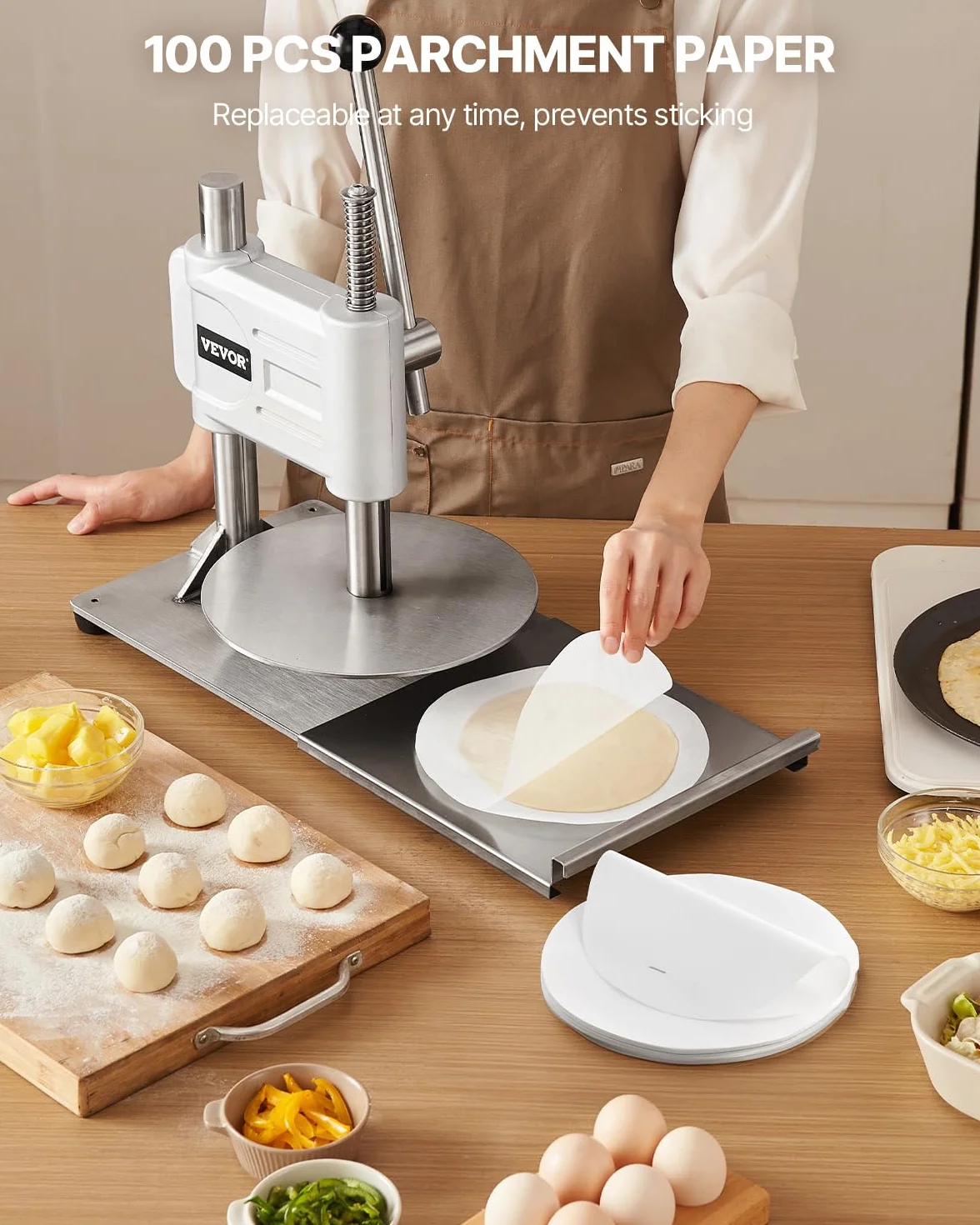 VEVOR Prensa Manual para Masa de Pizza, Placa de 24 cm, Prensa de Pan de Acero Inoxidable, para Hacer Chapatis, Formadora con Asa y 100 Hojas de Papel Pergamino, 400 x 245 x 360 mm, Color Plata