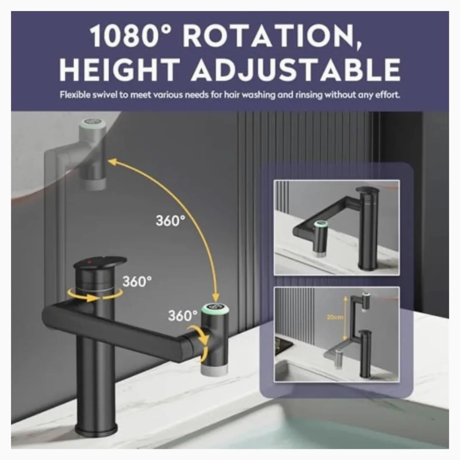 Grifo giratorio para baño 1080, mezclador de lavabo altura ajustable con pantalla LED temperatura,Seguro y Confiable(Chrome)