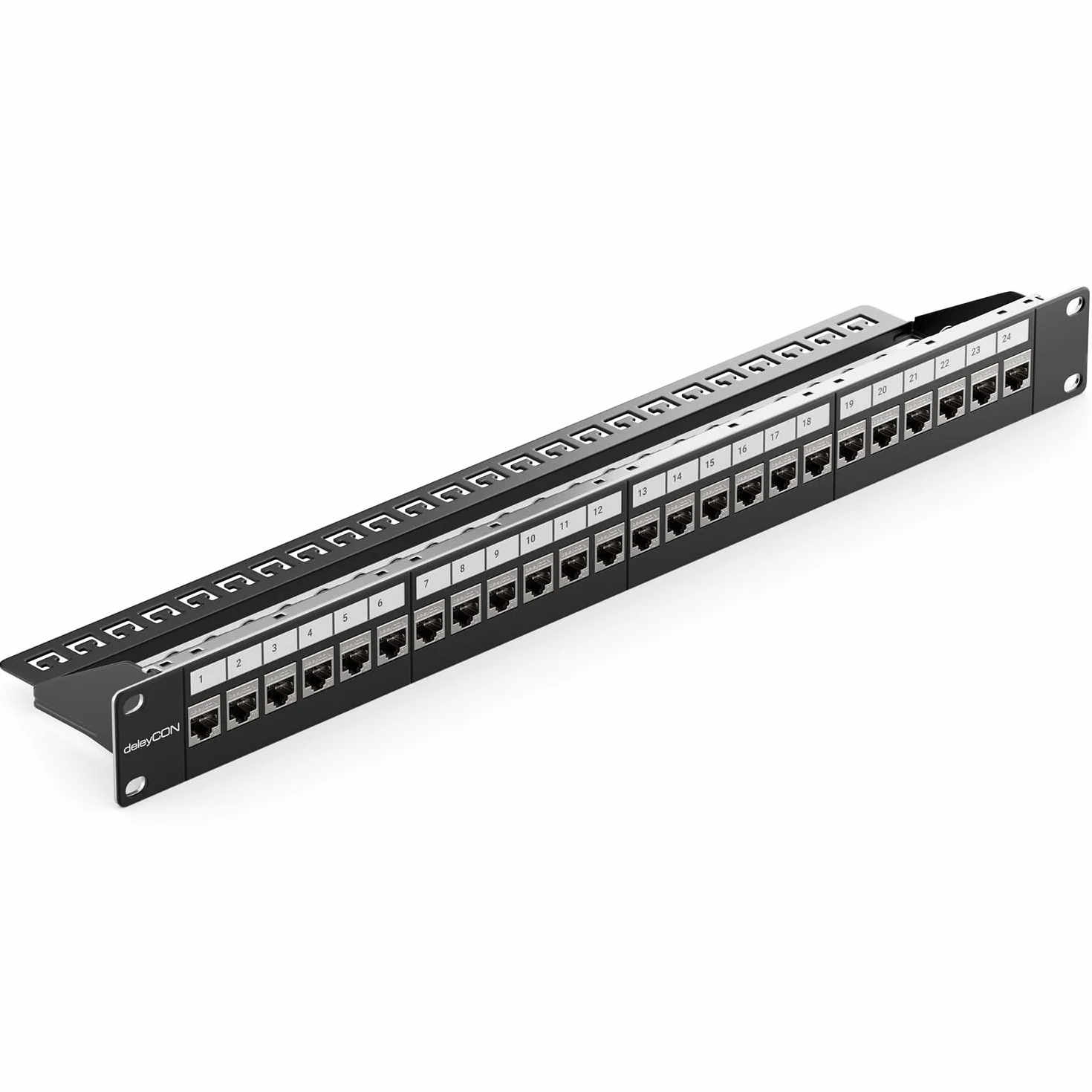 deleyCON 24 Puerto CAT7 Patchpanel SET Campo de Distribución Modular 1 HE 19" Pulgadas Instalación en Rack + 24 Módulos Keystone CAT 7 RJ45 LAN Red 10 Gbit/s 600 MHz Cables de Descarga Negro