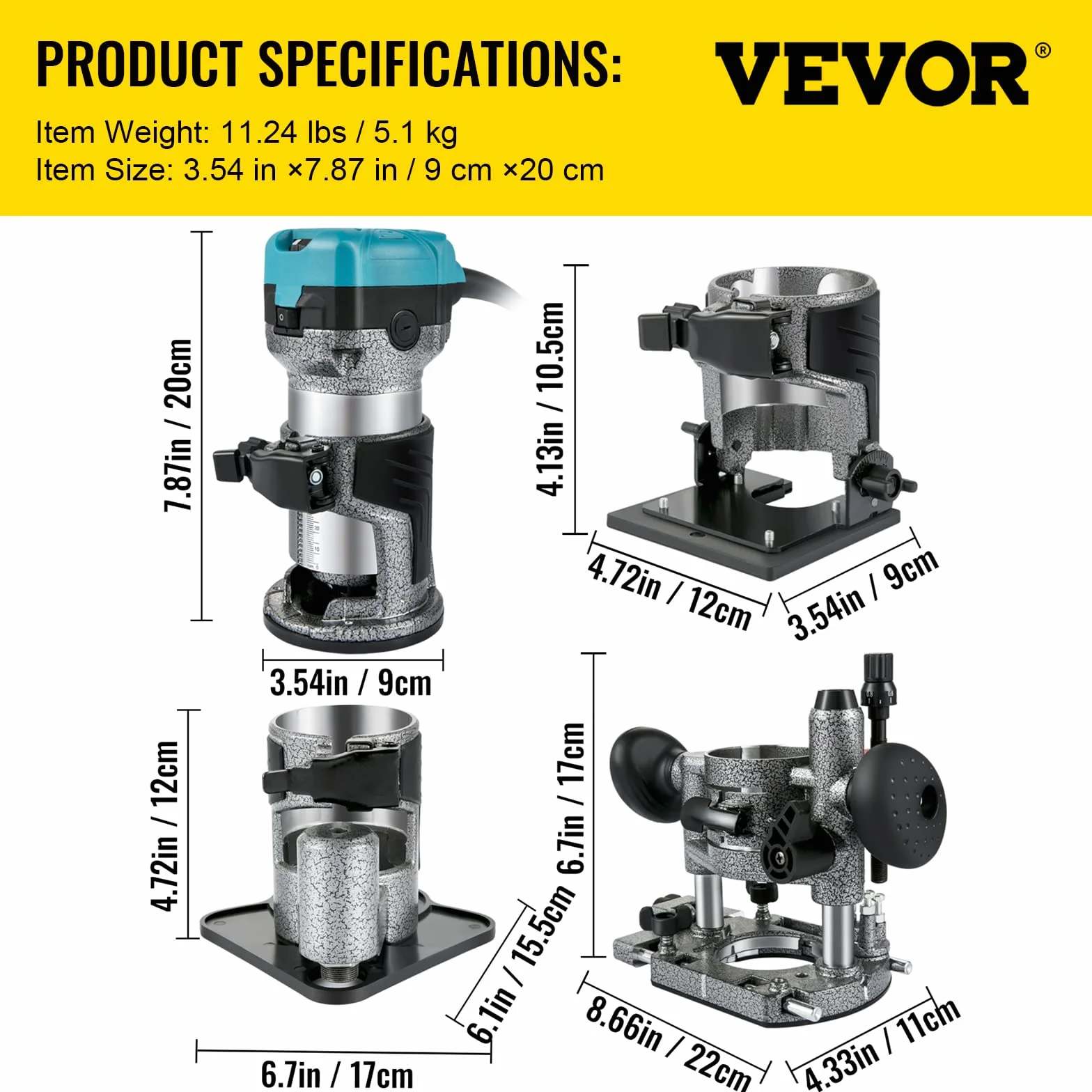 VEVOR Enrutador de Palma 4 Bases con Fijas de Inmersión Inclinadas y Compensadas 710W 13000-33000r/min Herramienta Compacta de Enrutador de Palma de Madera Carpintero Carpintería 6 y 8mm Fresadora