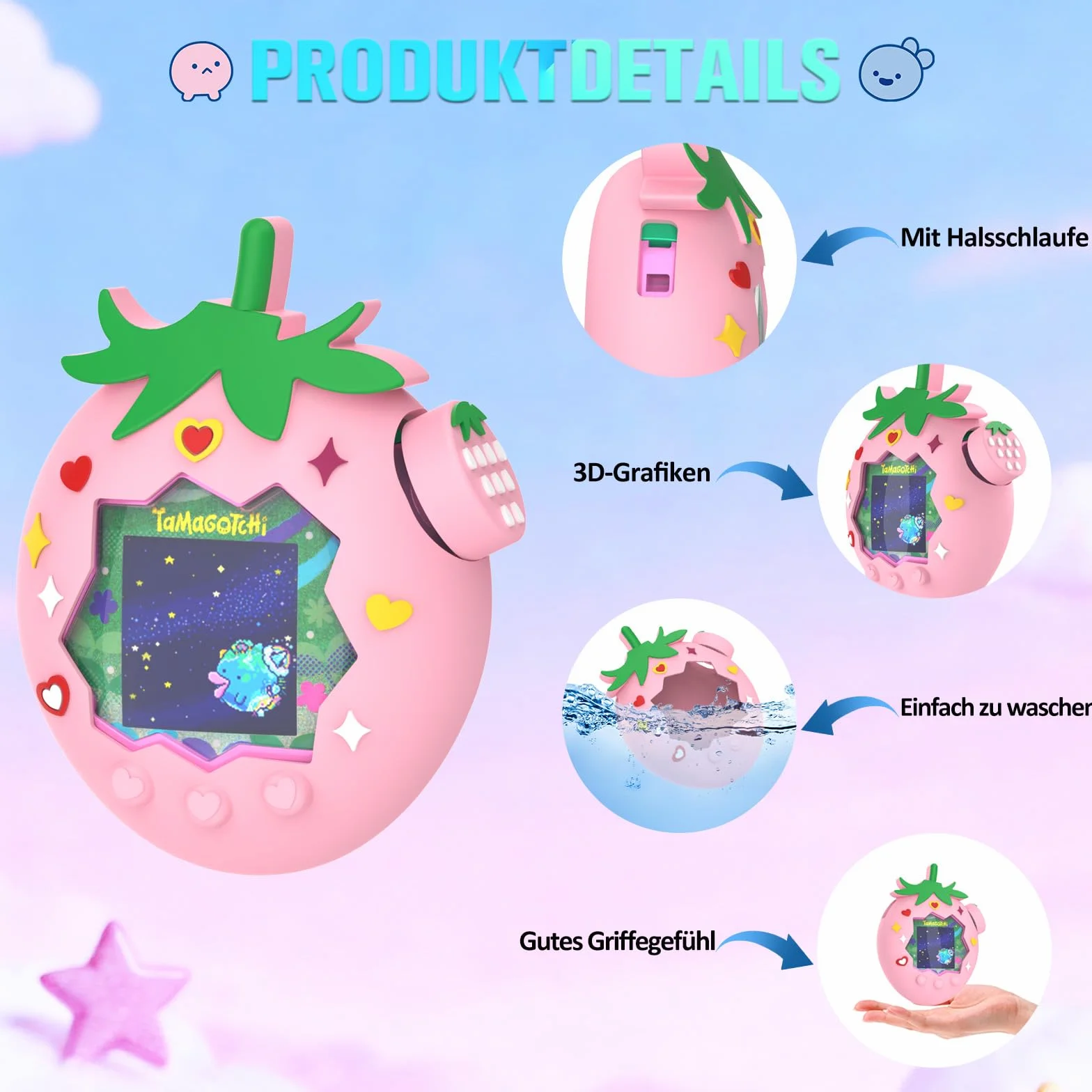 Carcasa de silicona para Tamagotchi Paradise, diseño de fresas, antigolpes y arañazos, con correa