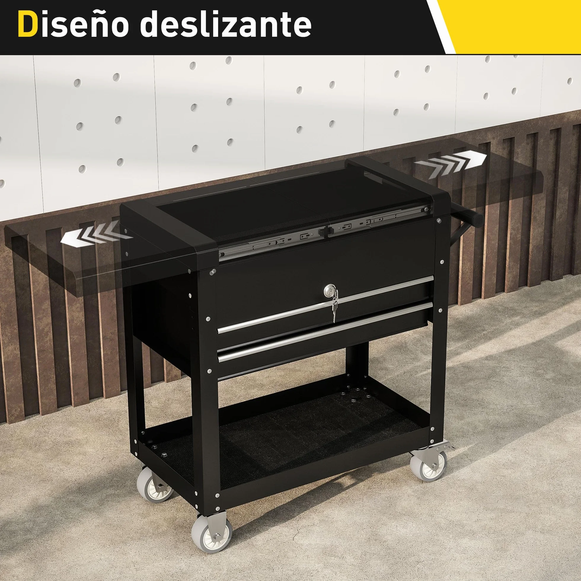 HOMCOM Carro de Herramientas con Ruedas, Carro de Taller Móvil con Tapa Deslizante, 2 Cajones con Cerradura, Bandeja, Caja de Herramientas de Acero, para Taller, Garaje, Negro