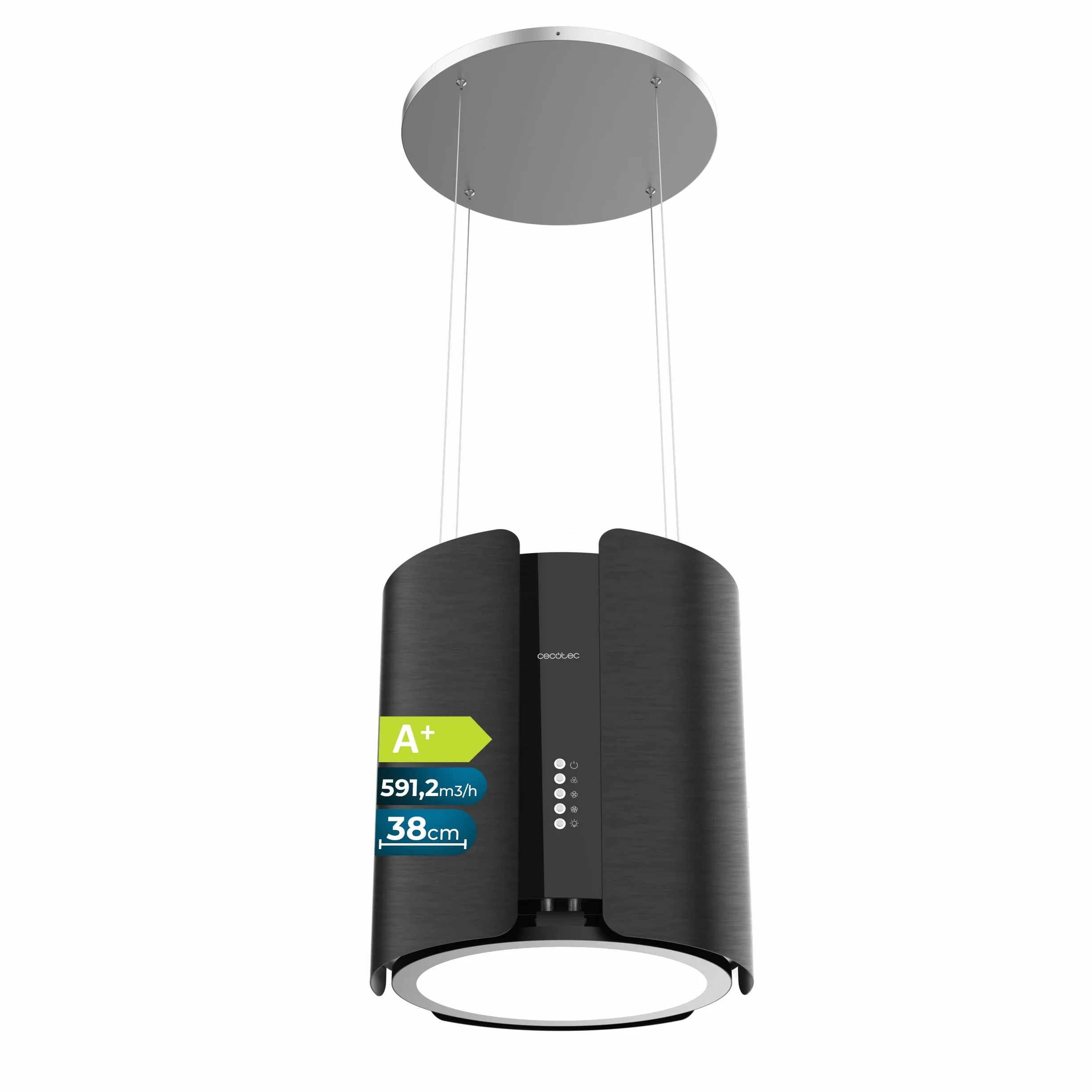 Cecotec Campana Extractora Isla Redonda 38cm Bolero Flux CRE 385500 Black A+, Succión 591,2 m³/h, Motor DC