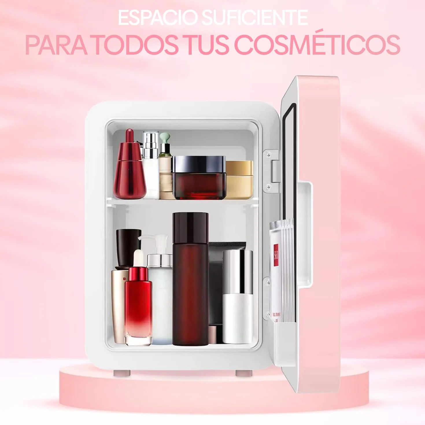 Mini Nevera Portátil Cosmética 4L con Espejo LED, Enfriamiento y Calentamiento, Rosa