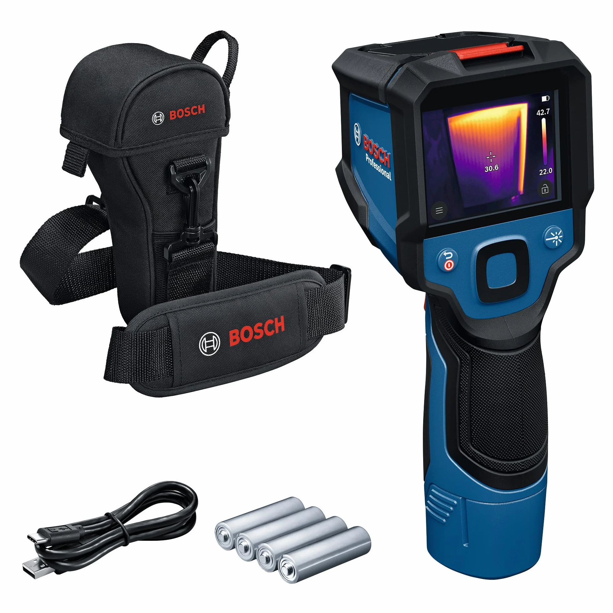 Bosch Professional Cámara térmica GTC 12V-450-13 (resolución de 256 x 192 px, de -20 °C a +450 °C, fuente de alimentación dual, adaptador, 4 LR6 AA de 1,5 V, funda, cable USB-C®, caja plegable)
