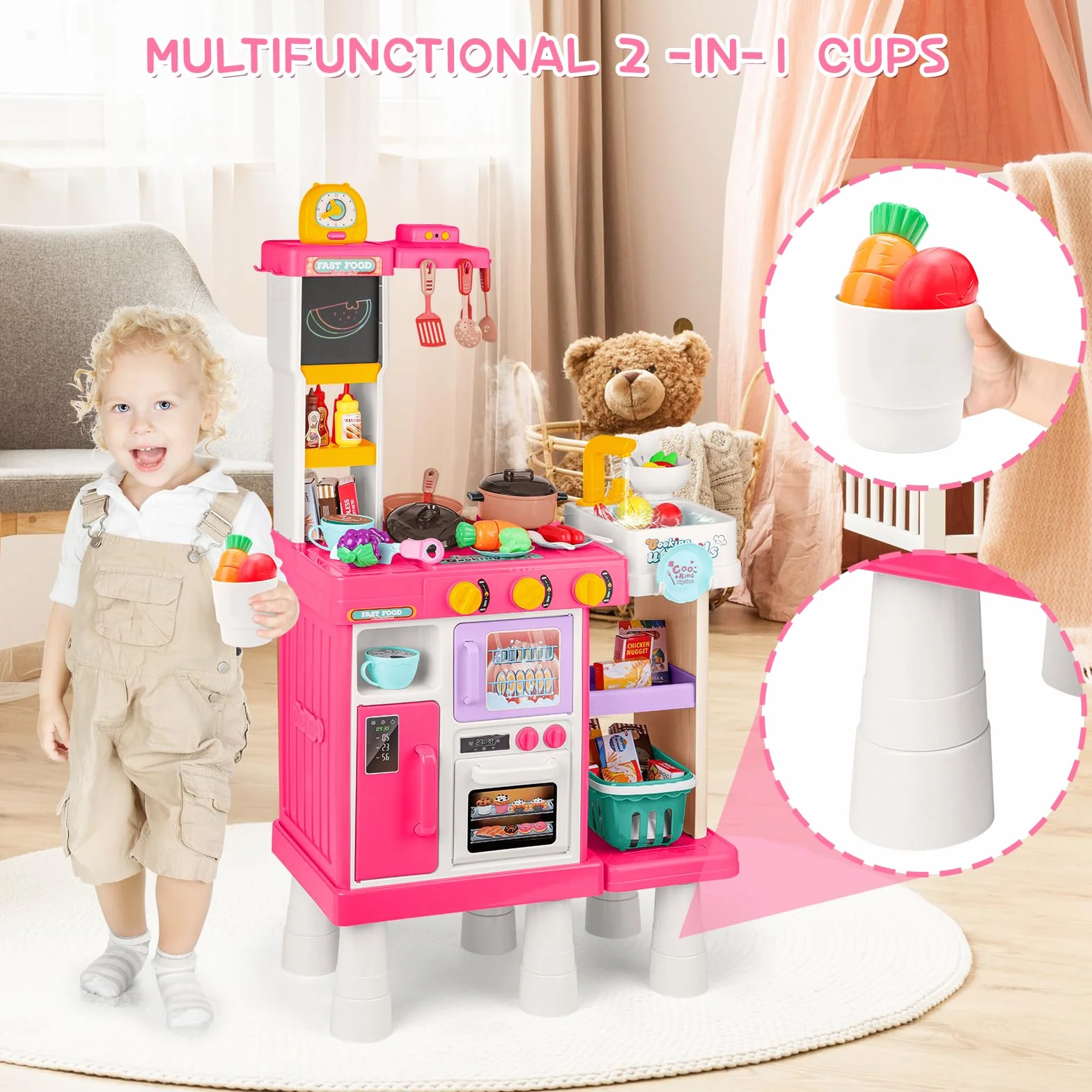 deAO Cocina de Juguete Infantil 54PCS con Utensilios, Estufa, Fregadero, Sonido y Luz, Tres Alturas Ajustables Rosa