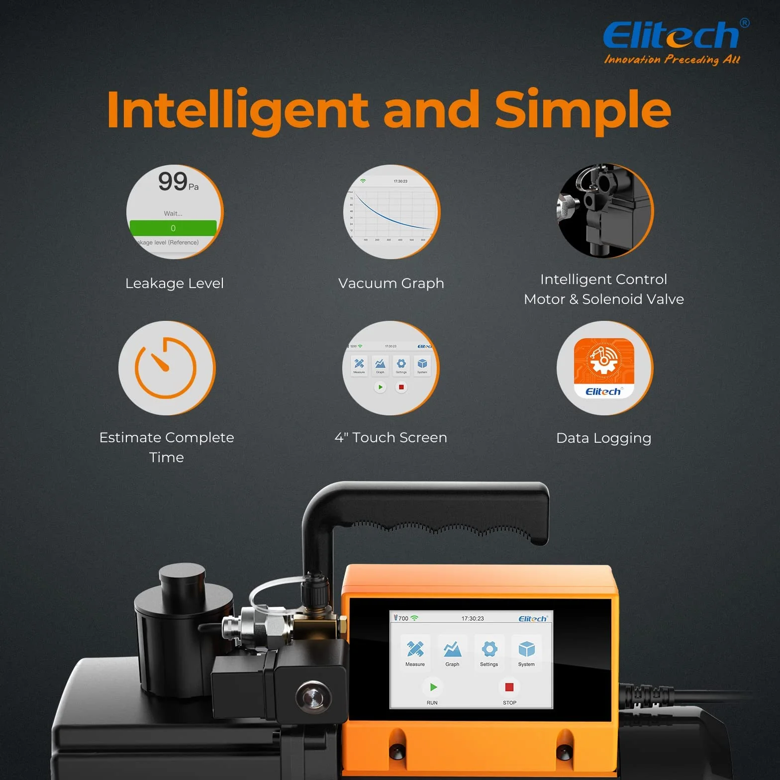 Elitech Bomba de vacío V900 9 CFM: bomba de vacío inteligente de 2 etapas con control por aplicación y medidor de vacío adicional para un diagnóstico preciso del sistema HVAC