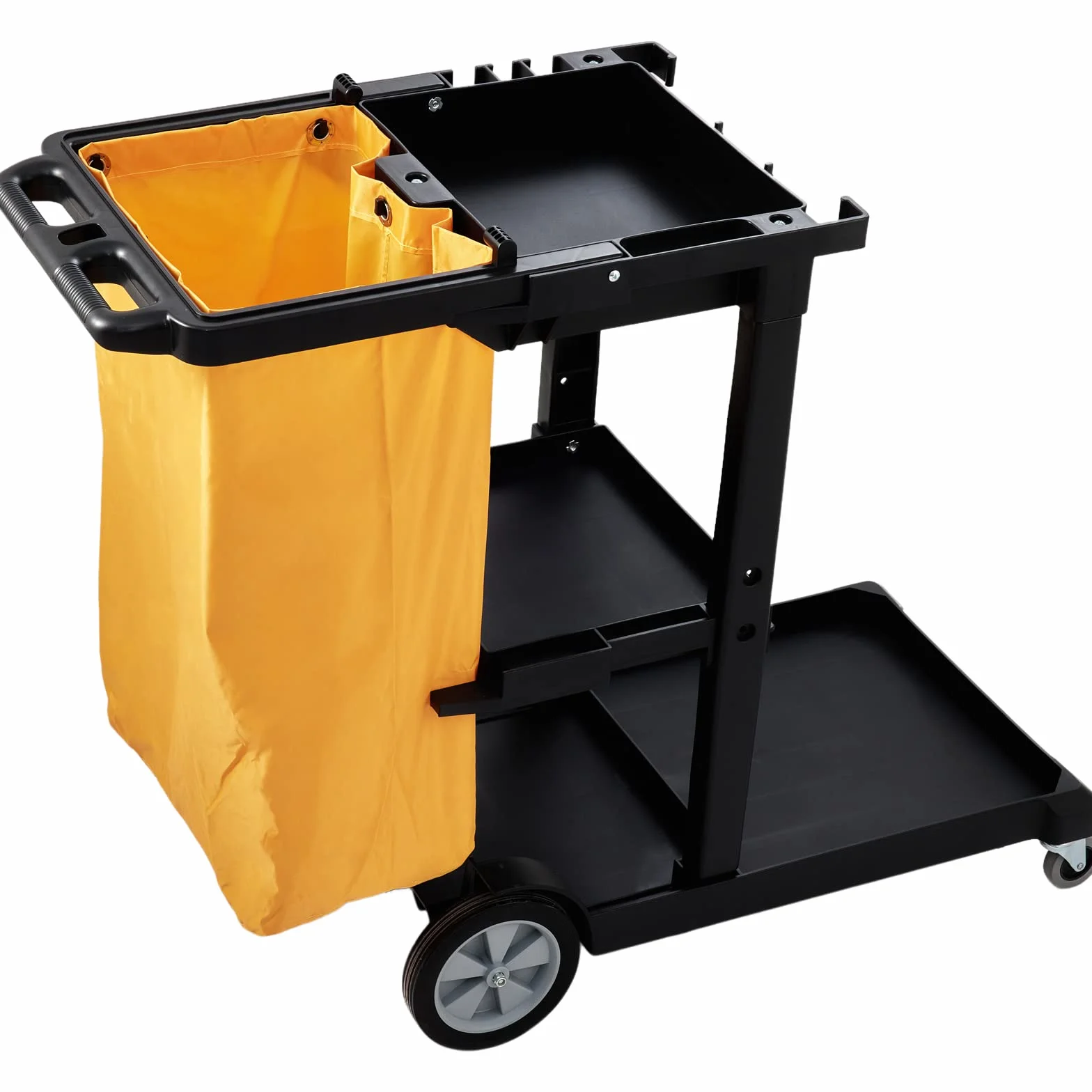 VEVOR Carro de Limpieza para Conserje de 3 Estantes Negro Carro de Empuje Móvil de PP con 4 Ruedas Carrito de Fregar Multifunción con Bolsa de PVC Capacidad de 22 Libras para Oficina Hotel Aeropuerto