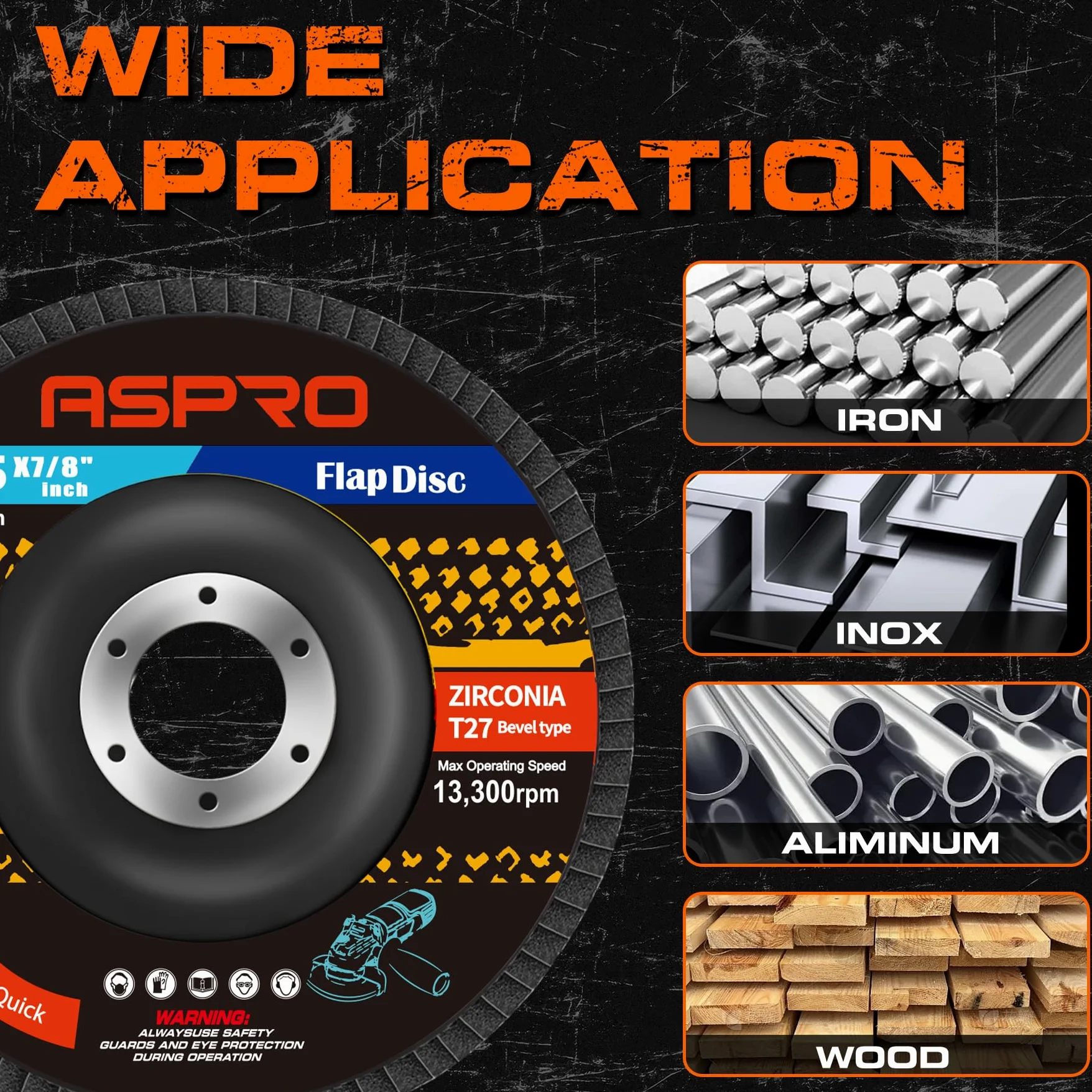 ASPRO Discos de solapa de 4 1/2 para amoladora angular, discos abrasivos de circonita de grano 40 de 4.5 x 7/8 pulgadas T27 para lijado de metal, molienda y madera, paquete de 40